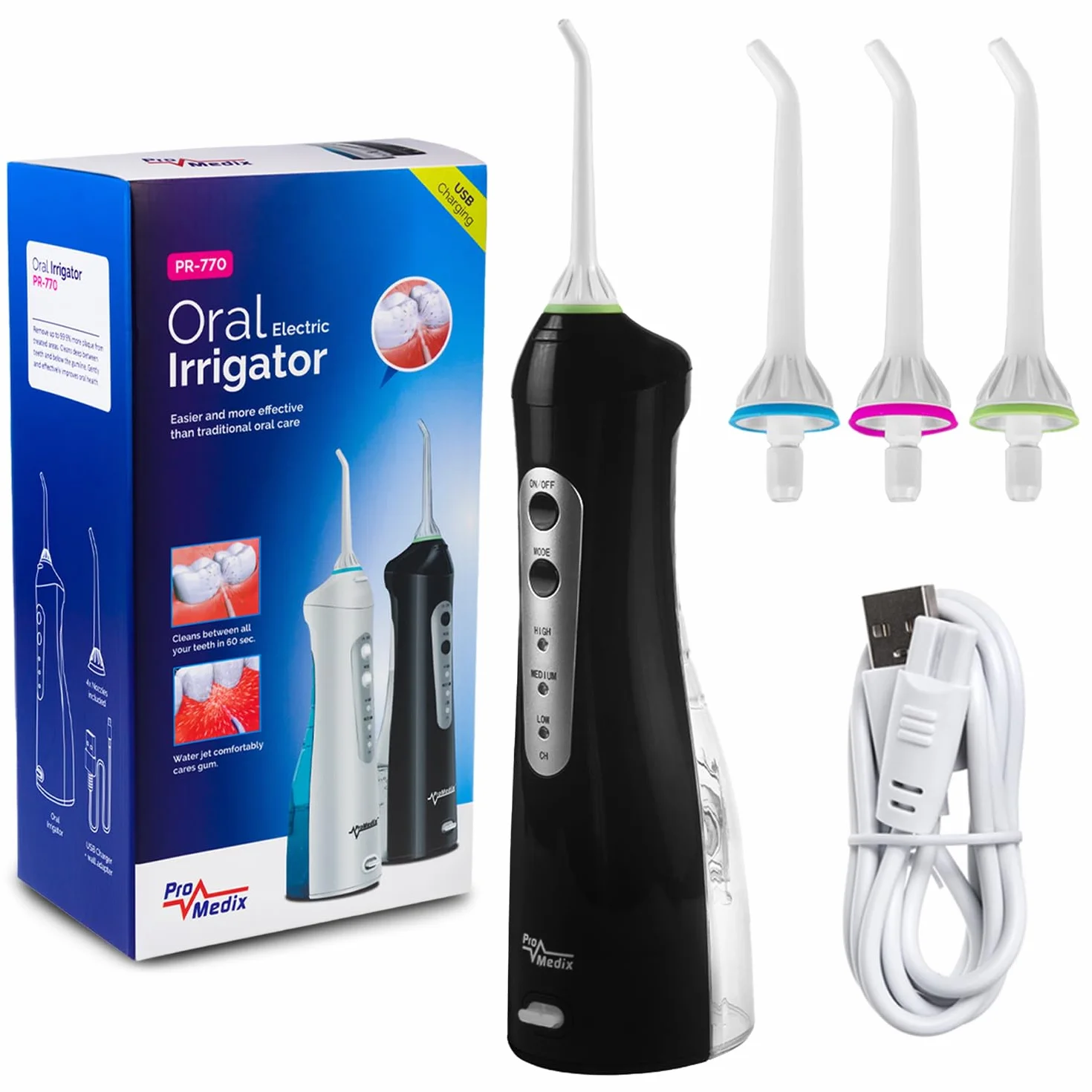 ProMedix PR-770W Irygator Bezprzewodowy 8,5 Bar IPX7 USB Czyszczenie i Masaż Dziąseł Czyszczenie Aparatów (Czarny)