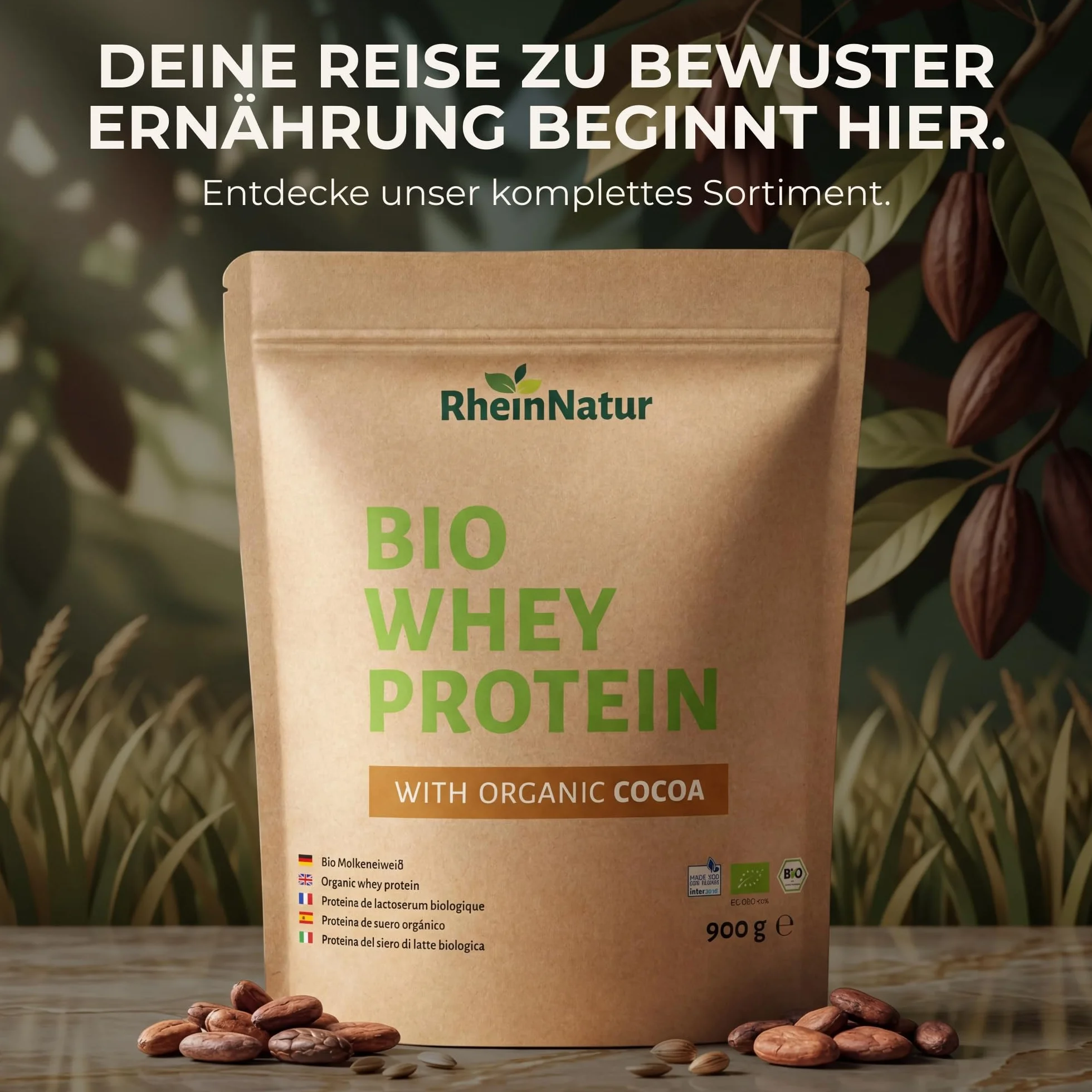 RheinNatur Bio Whey Protein Kakao 900 g - Proszek białkowy z bio-proszkiem kakaowym, 100% białko serwatki
