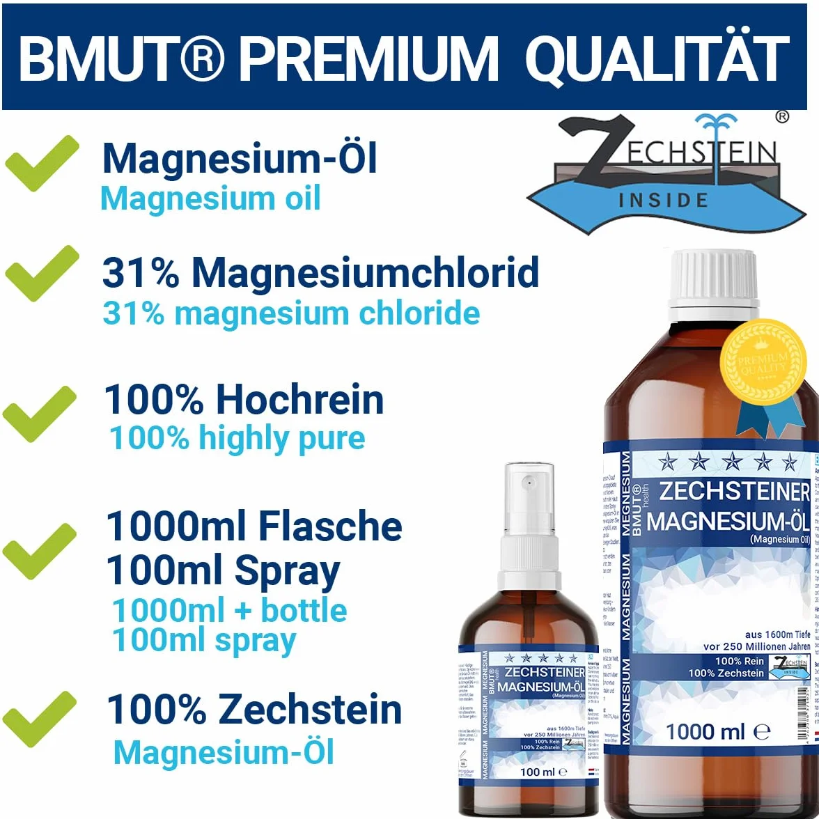 1000 ml oleju magnezowego + 100 ml spray Premium Set | 100% kamień zechstein | do masażu skóry, uprawiania sportu i relaksu mięśni | butelka z rozpylaczem z olejkiem magnezowym
