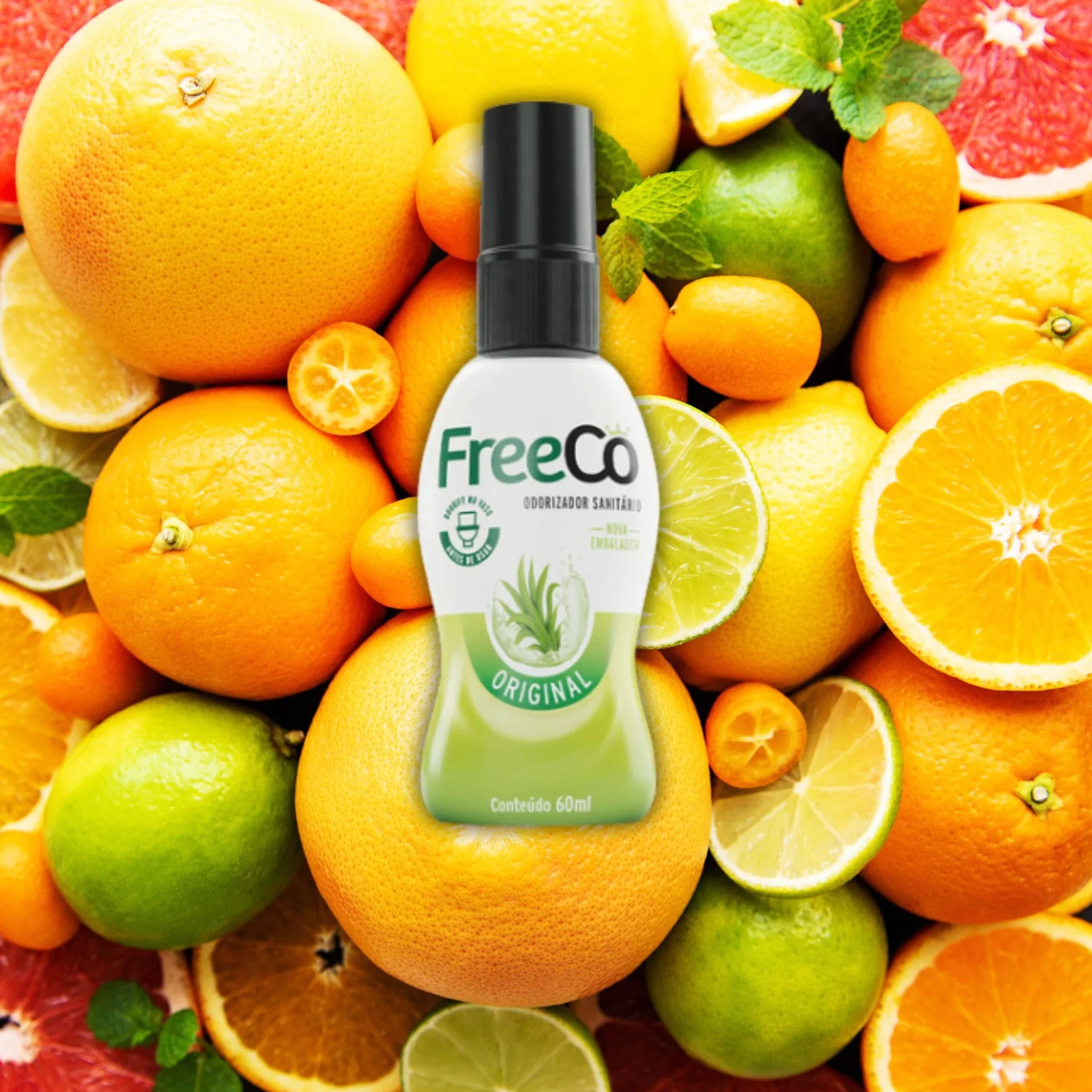 Freeco Spray do WC Przed Użyciem | Blokuje zapach, z Olejkami Eterycznymi | Idealny do Domu, Biura i w Podróży | Opakowanie 1x60ml, Oryginalny Zapach Cytrusowy