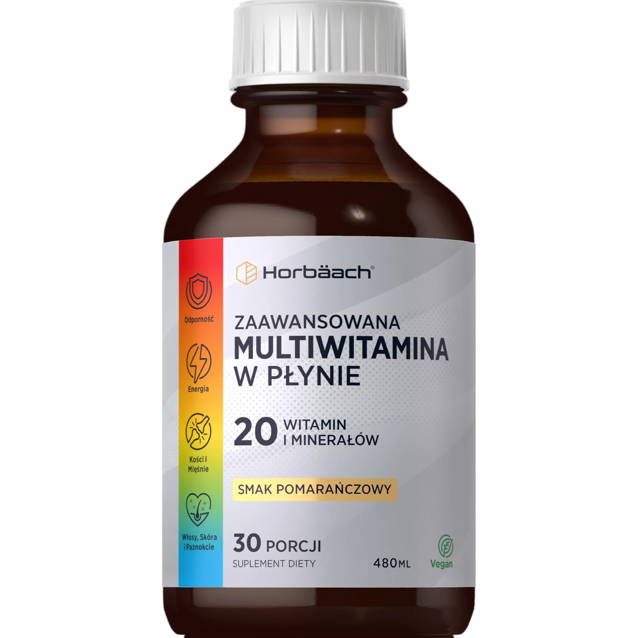 Multiwitamina W Płynie Dla Dorosłych | 480 ml (30 porcji) | Smak Pomarańczowy | 20 Niezbędnych Składników Odżywczych Dla Ogólnego Dobrego Samopoczucia | Wegański Suplement Diety | marki Horbaach
