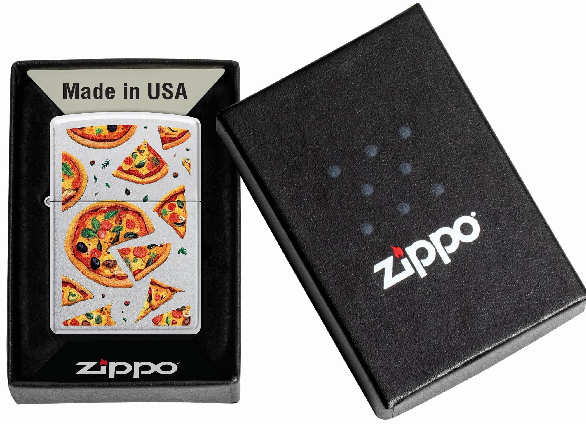 Zippo Pizza Zapalniczka Sztormowa, Wielokrotnego Użytku, Wiatroodporna, Satynowy Chrom, Pudełko na Prezent