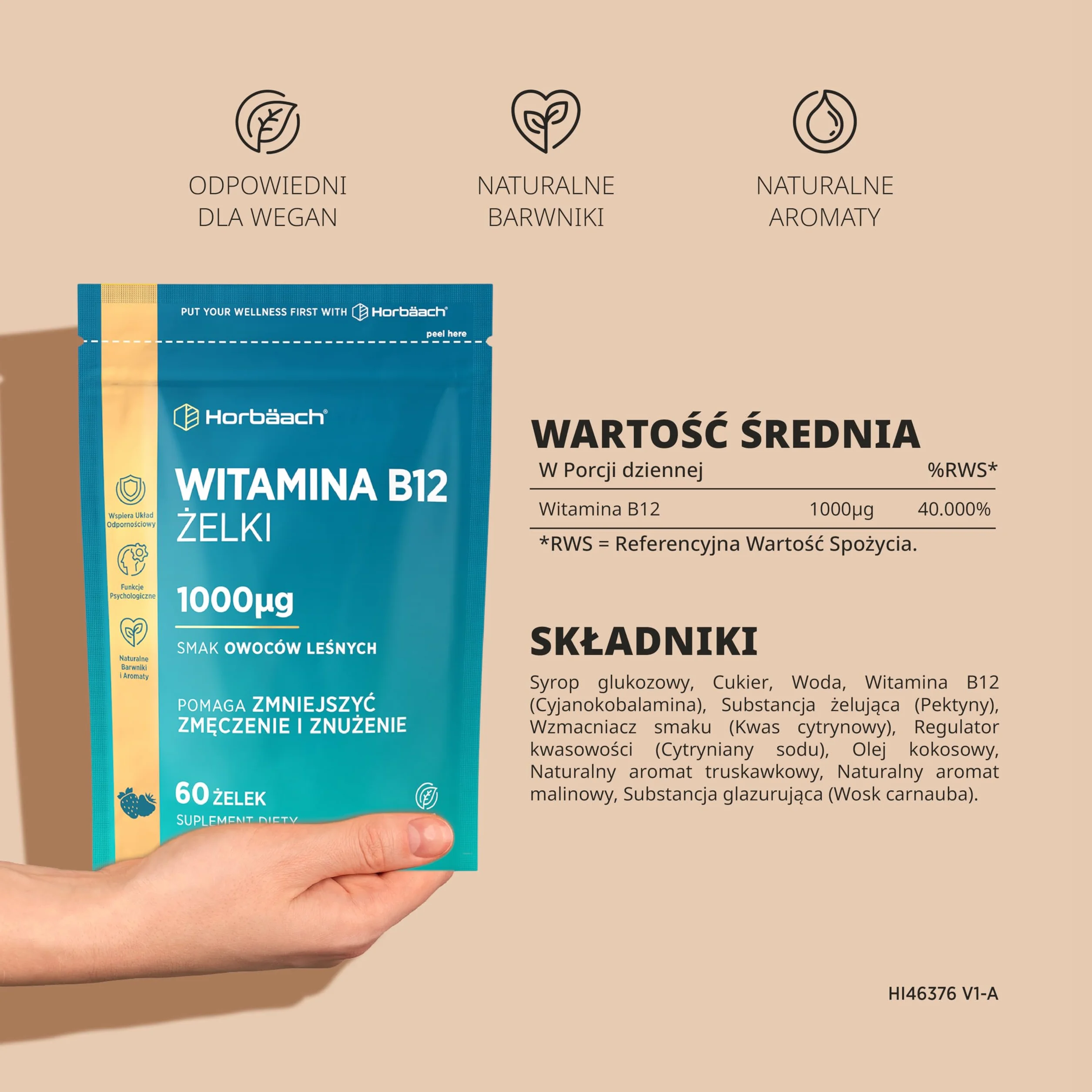 Witamina B12 Żelki 1000mcg | Wysoka dawka | Smak Owoców Leśnych | Suplement witaminy B12 (cyjanokobalamina) Wspierający Poziom Energii | Odpowiednie dla wegan | marki Horbaach