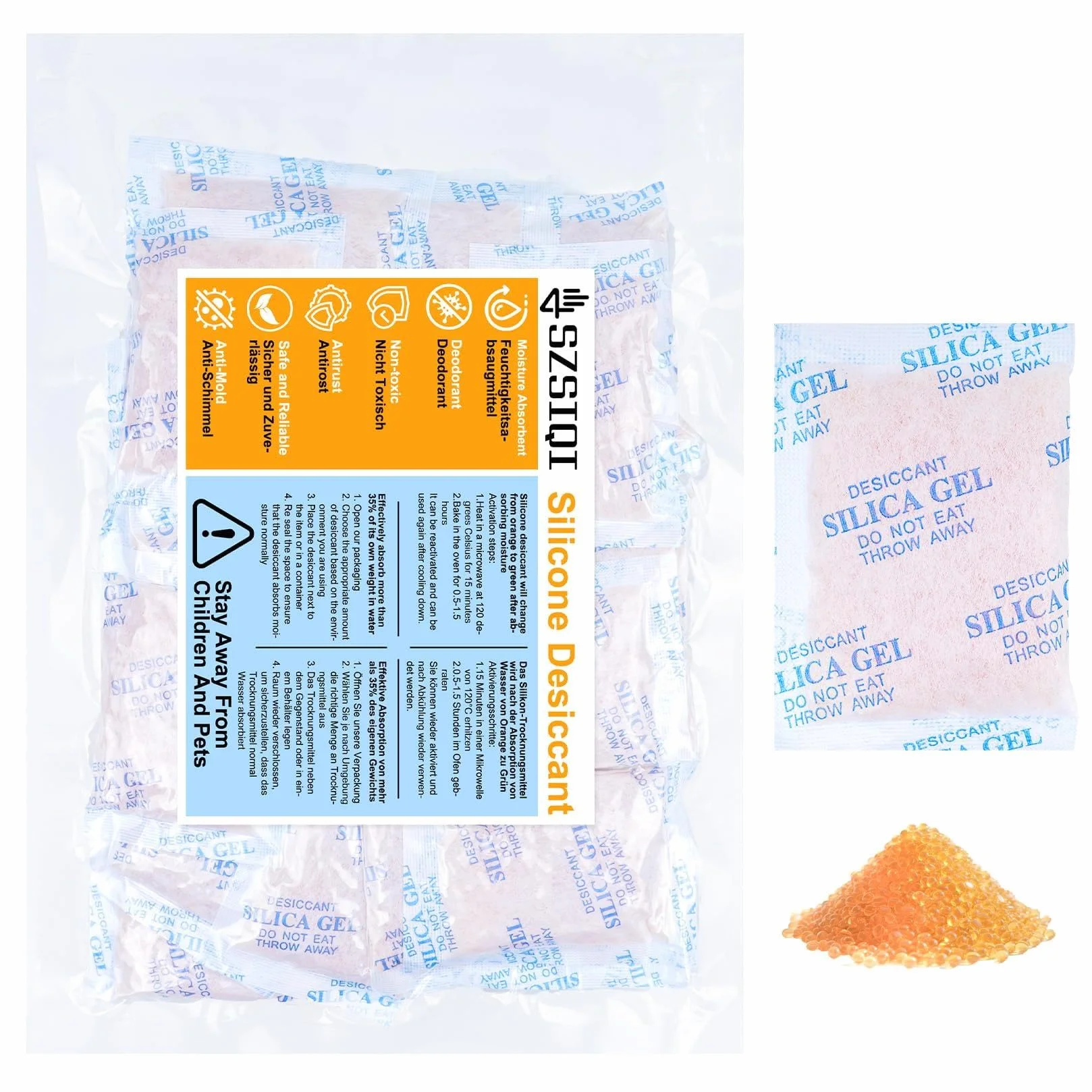 Worki z żelem krzemionkowym, 20 g x 22 sztuki, kulki krzemionkowe, worki na środek osuszający, wskaźnik wilgotności, środek osuszający, pomarańczowy do zielonego, do przechowywania ubrań, urządzeń (20