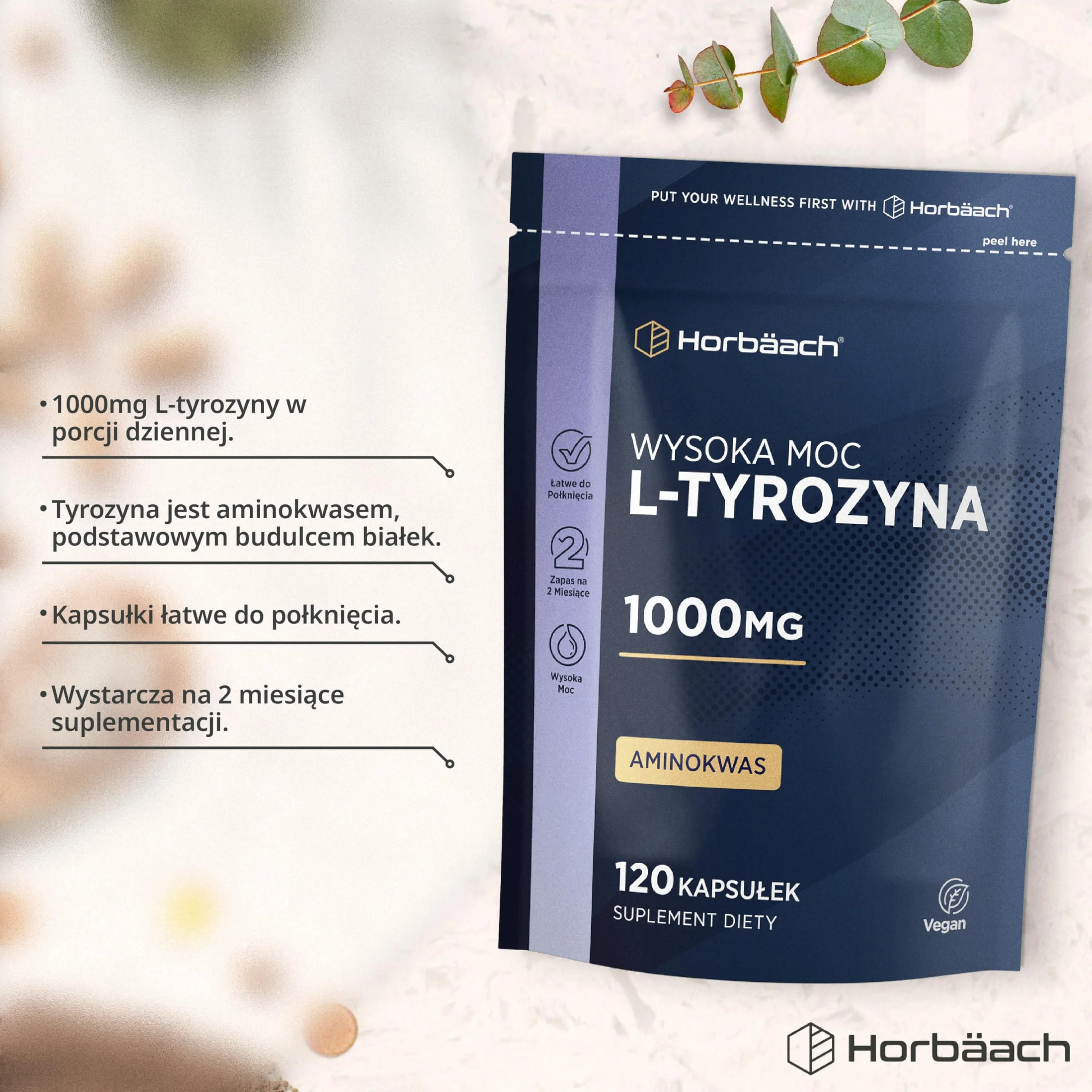 L-Tyrozyna 1000mg | 120 Kapsułek | 100% Wegański Suplement o Wysokiej Mocy | marki Horbaach