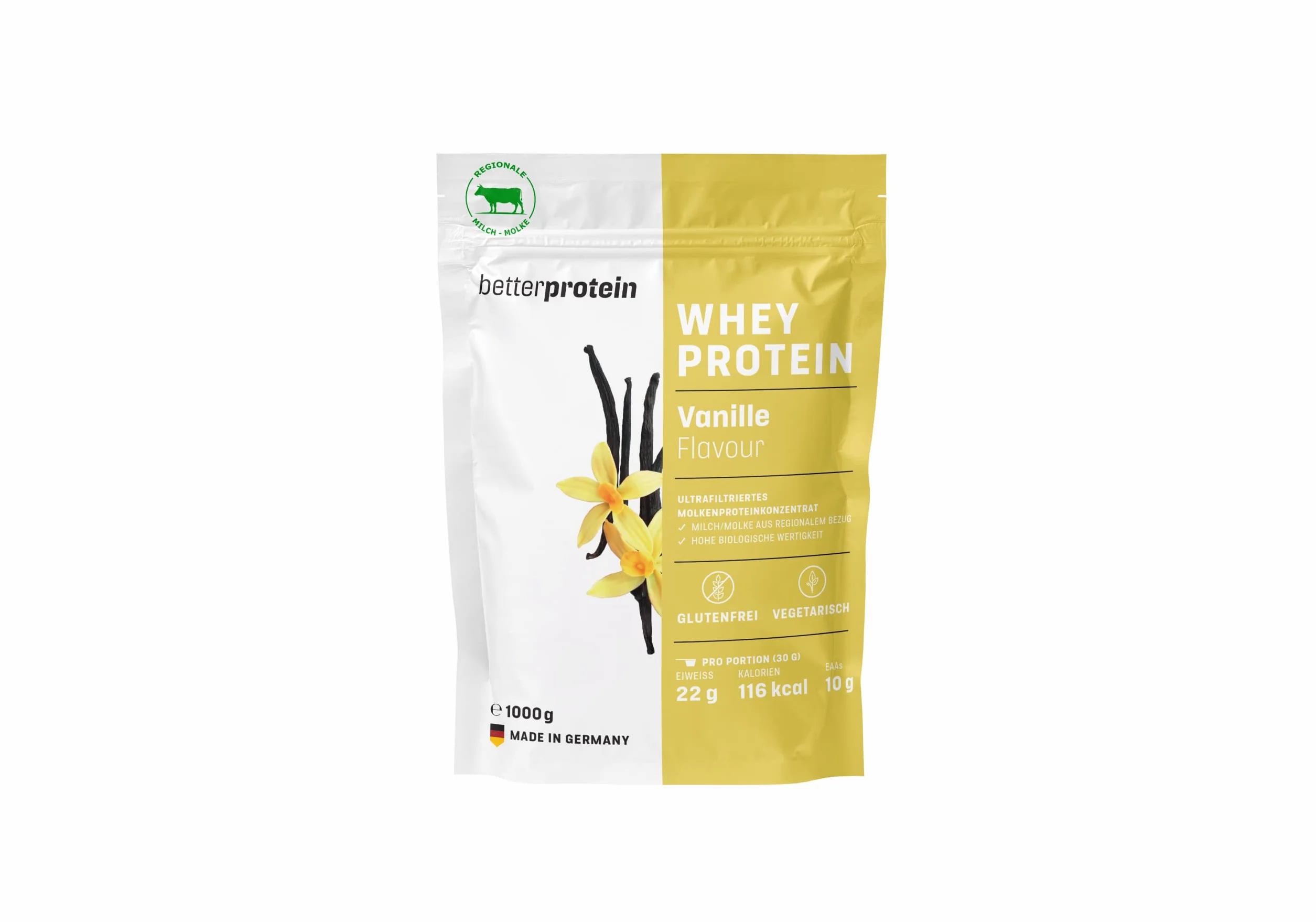 Serwatka w proszku - Wanilia 1 kg - Wyprodukowany w Niemczech z regionalnego mleka - BetterProtein® - Proszek białkowy do budowy mięśni i odchudzania - woreczek