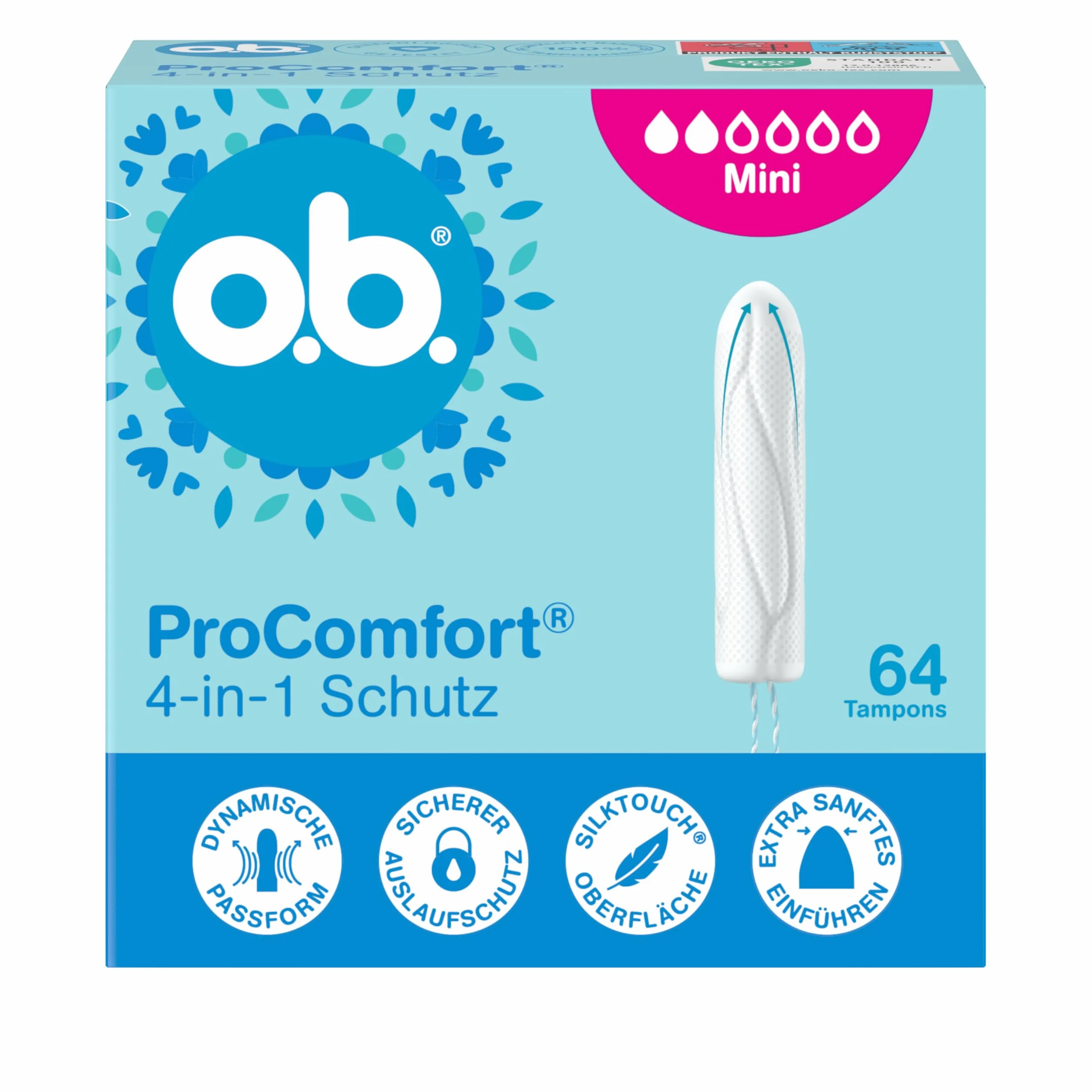 o.b. ProComfort mini tampony 4 w 1 (1 x 64 szt.) z bardzo delikatną końcówką do łatwego wkładania i do 100% ochrony przed wyciekiem, idealne do uprawiania sportu i na co dzień