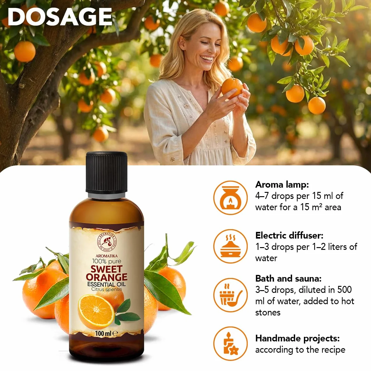 Olejek Eteryczny Ze Słodkiej Pomarańczy 100 ml - Citrus Sinensis - Olejek Pomarańczowy do Dyfuzora - Zapach Cytrusów - Aromaterapia - Świece Zapachowe - Mydła - Odświeżanie Powietrza