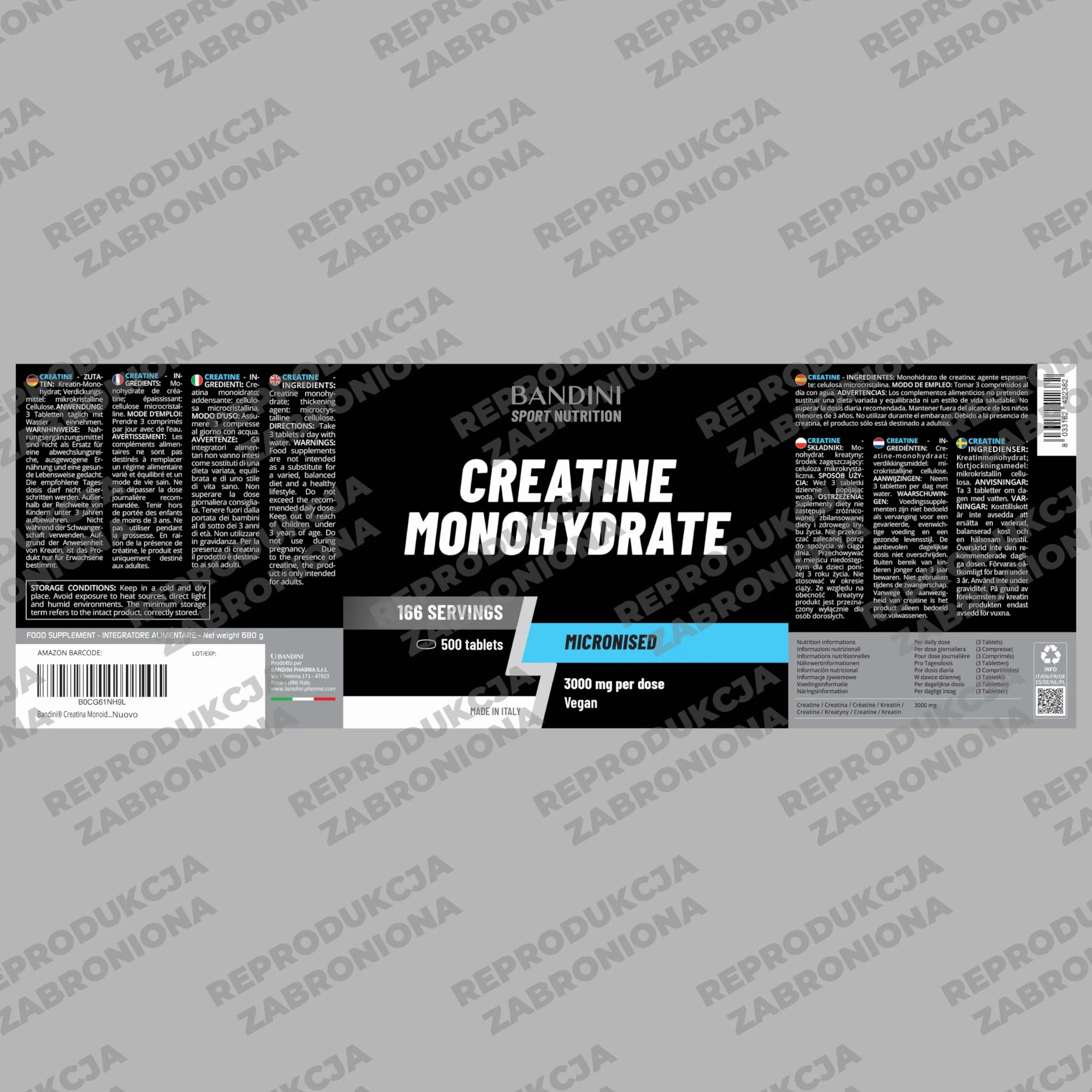 Bandini® Mikronizowany Monohydrat Kreatyny 500 tabletek po 3000mg w dawce - Suplement na treningi, siłownię i przed treningiem - 100% Wegańskie - Na bazie 100% czystego Monohydratu Kreatyny