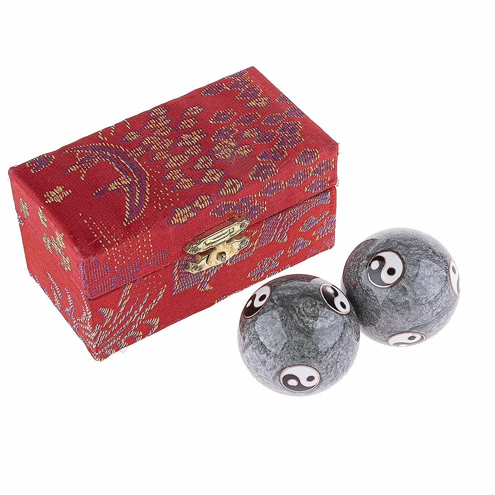 lachineuse - Zestaw kulek Qi Gong Yin Yang - Chińska emaliowana kula antystresowa 40 mm - Kulki zdrowia - Zen Relaks Pudełko upominkowe - Azjatycka Japonia Chiny - Kolor czerwony i szary