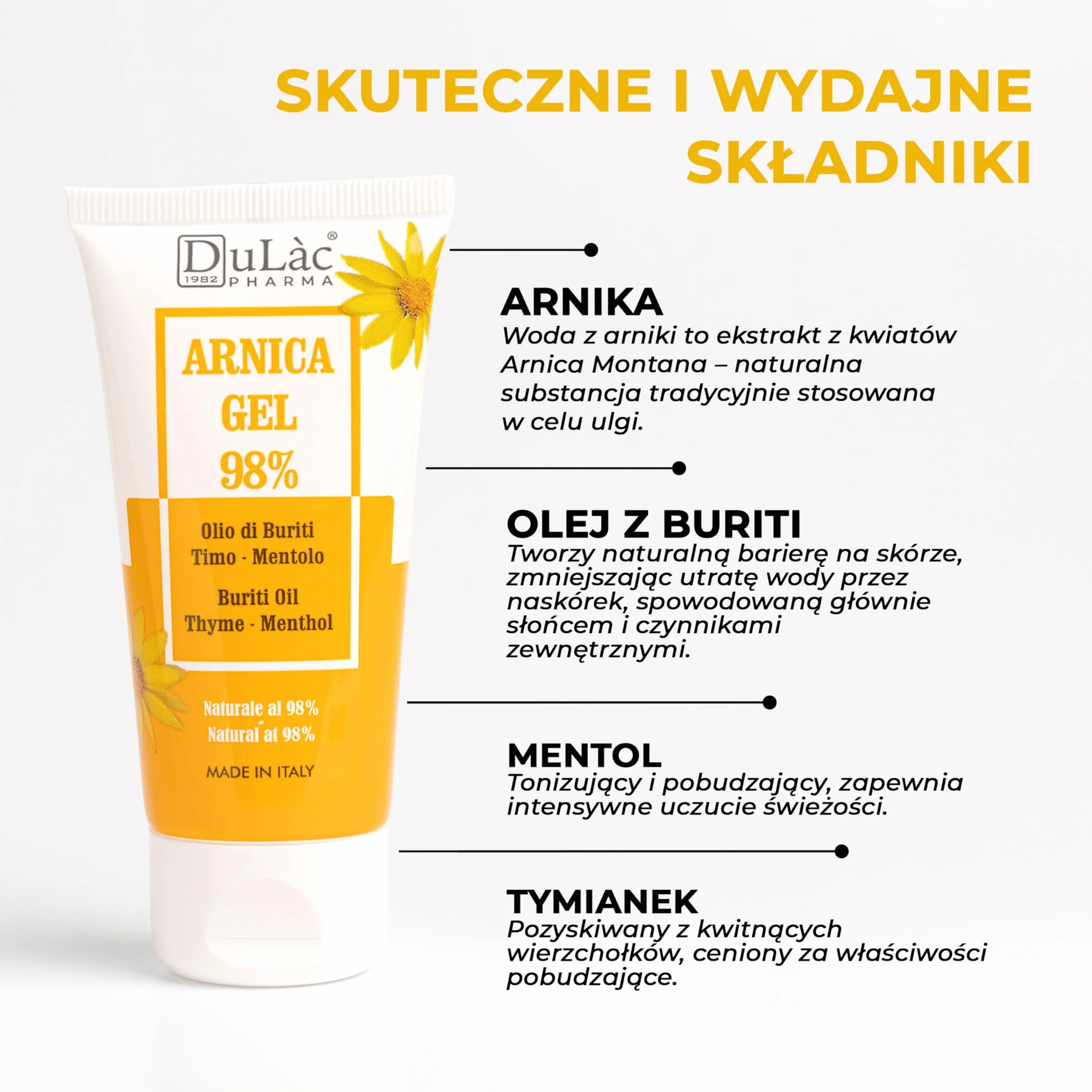 DuLàc, Żel z Arniką 98% z Olejkiem Buriti, Tymiankiem i Mentolem, Odpowiedni do Masażu Skóry Mięśni i Stawów, Testowany Dermatologicznie, Testowany na Nikiel, Wyprodukowany we Włoszech, 50 ml