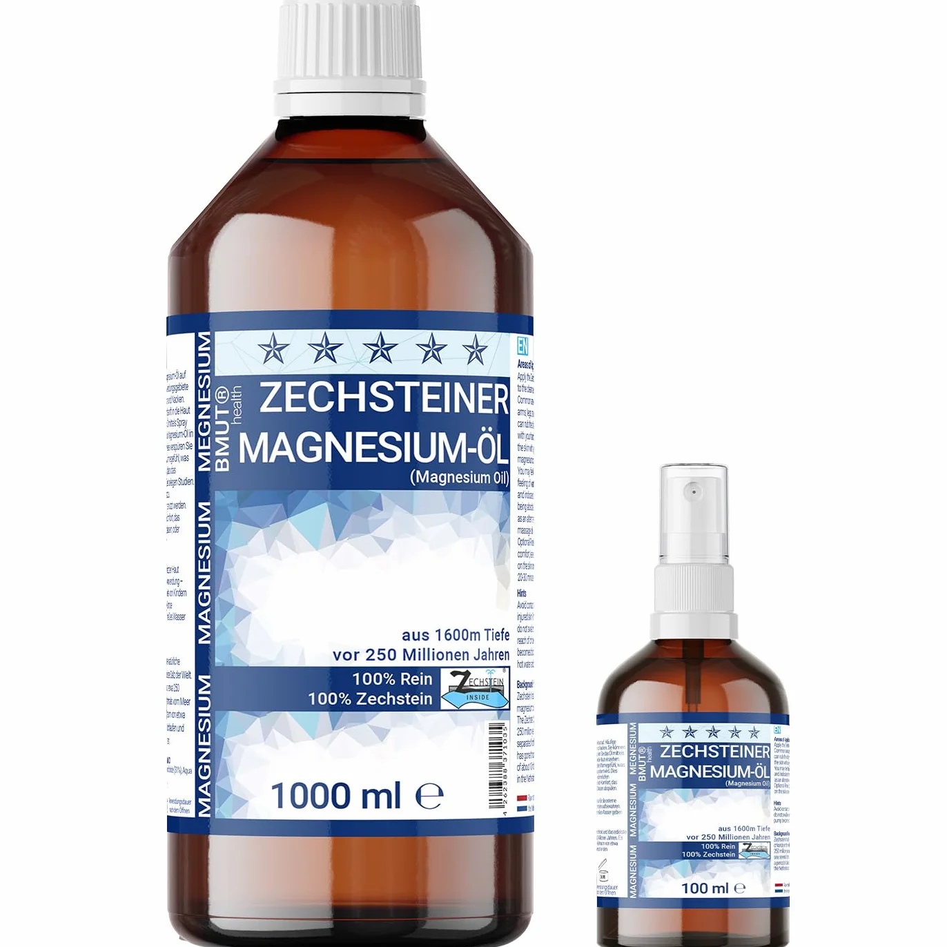 1000 ml oleju magnezowego + 100 ml spray Premium Set | 100% kamień zechstein | do masażu skóry, uprawiania sportu i relaksu mięśni | butelka z rozpylaczem z olejkiem magnezowym