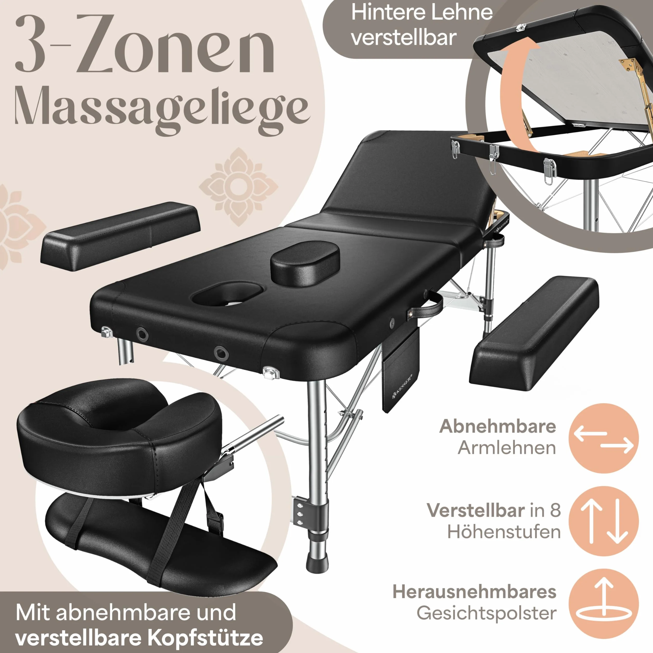KESSER Składany mobilny stół do masażu z 3 strefami z regulacją wysokości łóżeczko do masażu Leżak kosmetyczny szeroki aluminiowy leżak terapeutyczny + 10 podnóżków