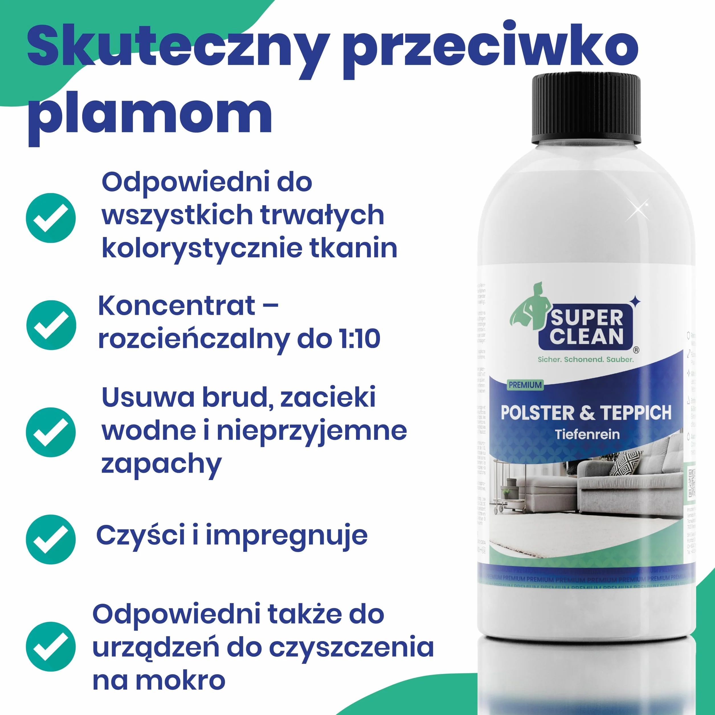 SUPER CLEAN Środek do głębokiego czyszczenia tapicerki i dywanów | Koncentrat do wszystkich rodzajów tapicerki, dywanów, foteli samochodowych, sof i kanap | 2 × 500 ml