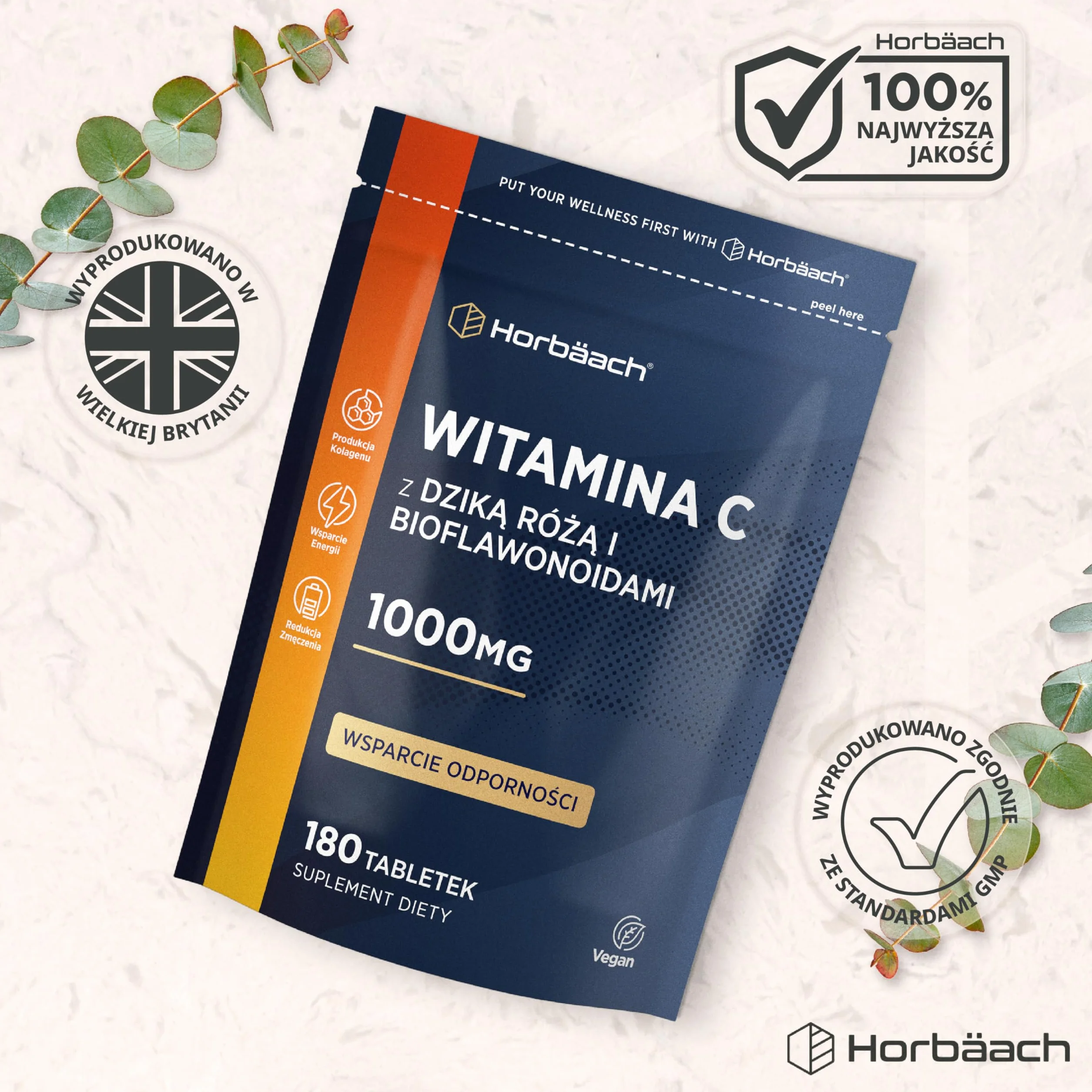 Witamina C 1000mg z Dziką Różą i Bioflawonoidami | Wysoka Dawka | 180 Tabletek - 6 Miesięcy Suplementacji | Suplement Wegański | marki Horbaach