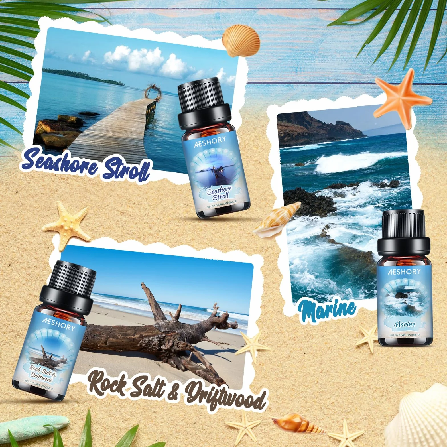 AESHORY Zestaw olejków eterycznych Beach 6 x 10 ml, Olejek zapachowy Summer Aroma Oil do dyfuzora - Hawaiian Suntan, Walk by the Sea, Sea Breeze, Sun & Sand, Rock Salt & Driftwood, Morze