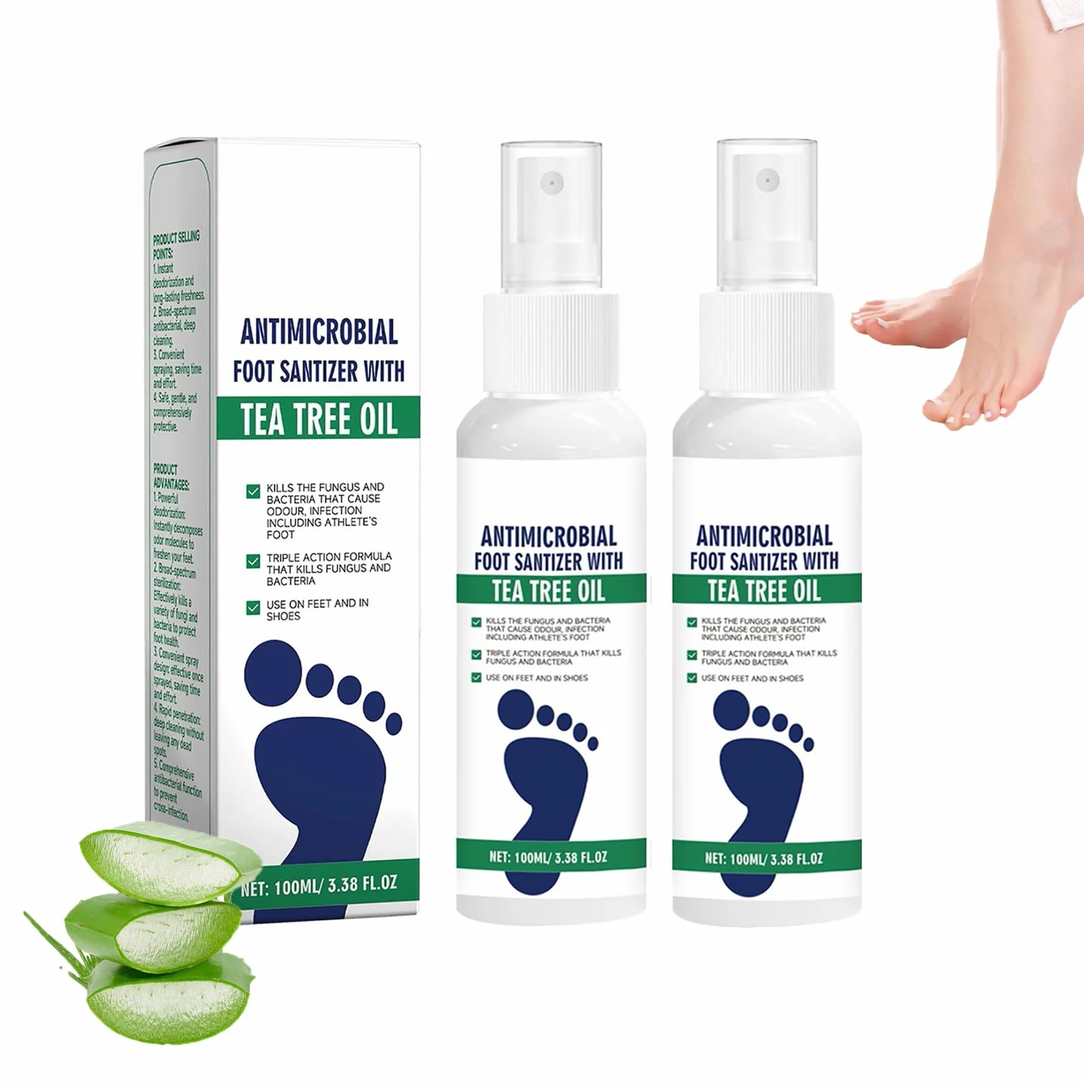 2 szt. Olejek do pielęgnacji stóp do herbaty, naturalny olejek z drzewa herbacianego i aloesowy spray do stóp, serum do pielęgnacji stóp i paznokci, szybkie suszenie i przyjazne dla podróży