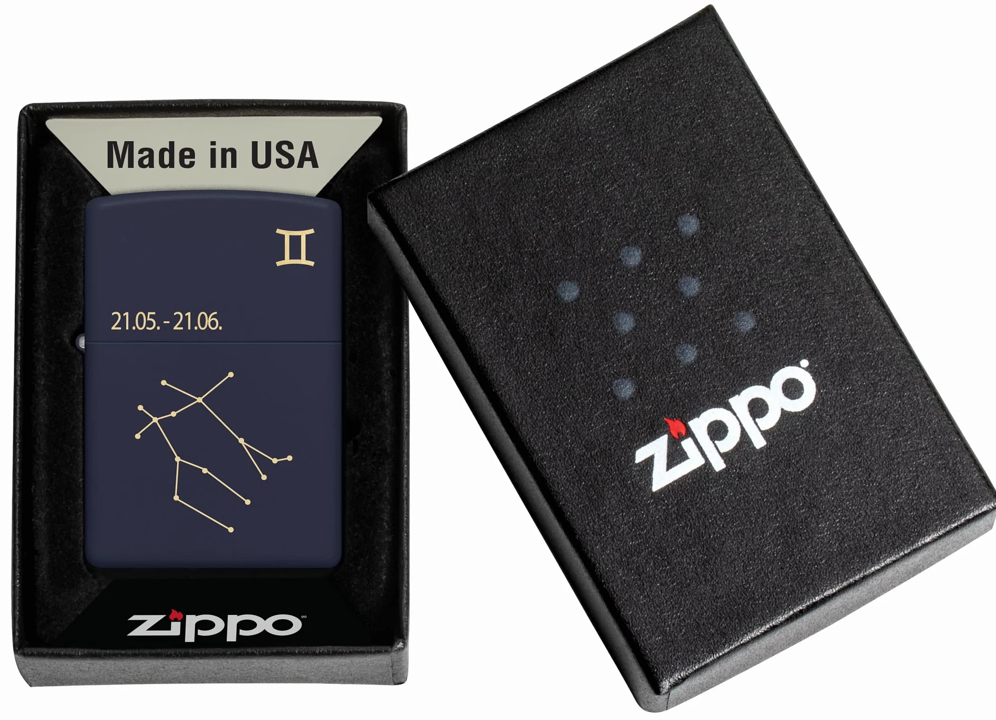 Zippo Zodiac Bliźnięta Zapalniczka Sztormowa, Grawerowanie Laserowe, Wielokrotnego Użytku, do Napełniania, Wiatroodporna Konstrukcja, Pudełko na Prezent, Wykonano w USA, Kolor Granatowy Matowy