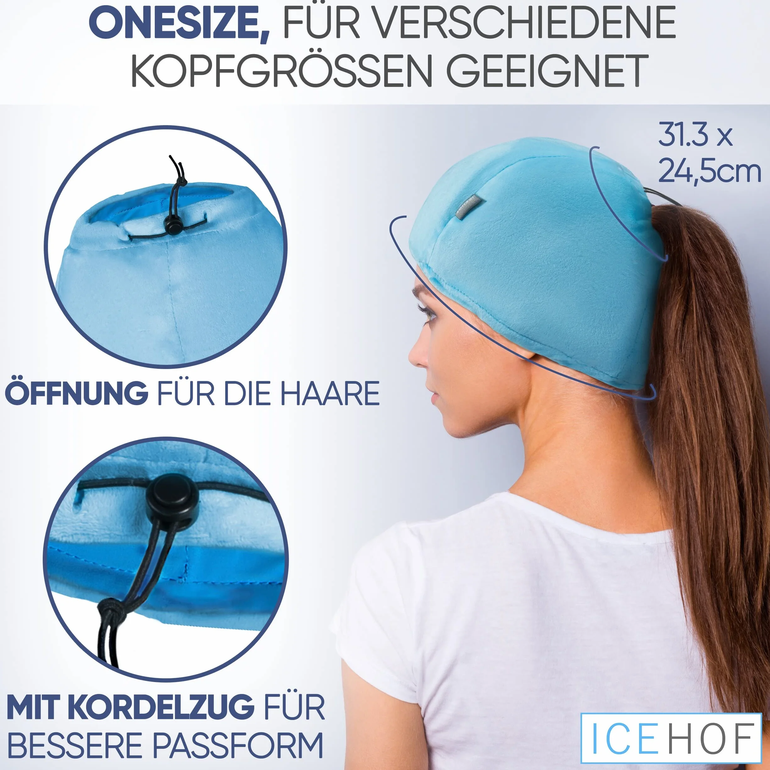ICEHOF Czapka chłodząca Extra z 4 wkładami chłodzącymi, Maska 3D, chłodząca czapka żelowa do skóry głowy podczas chemioterapii, na migrenę i bóle głowy