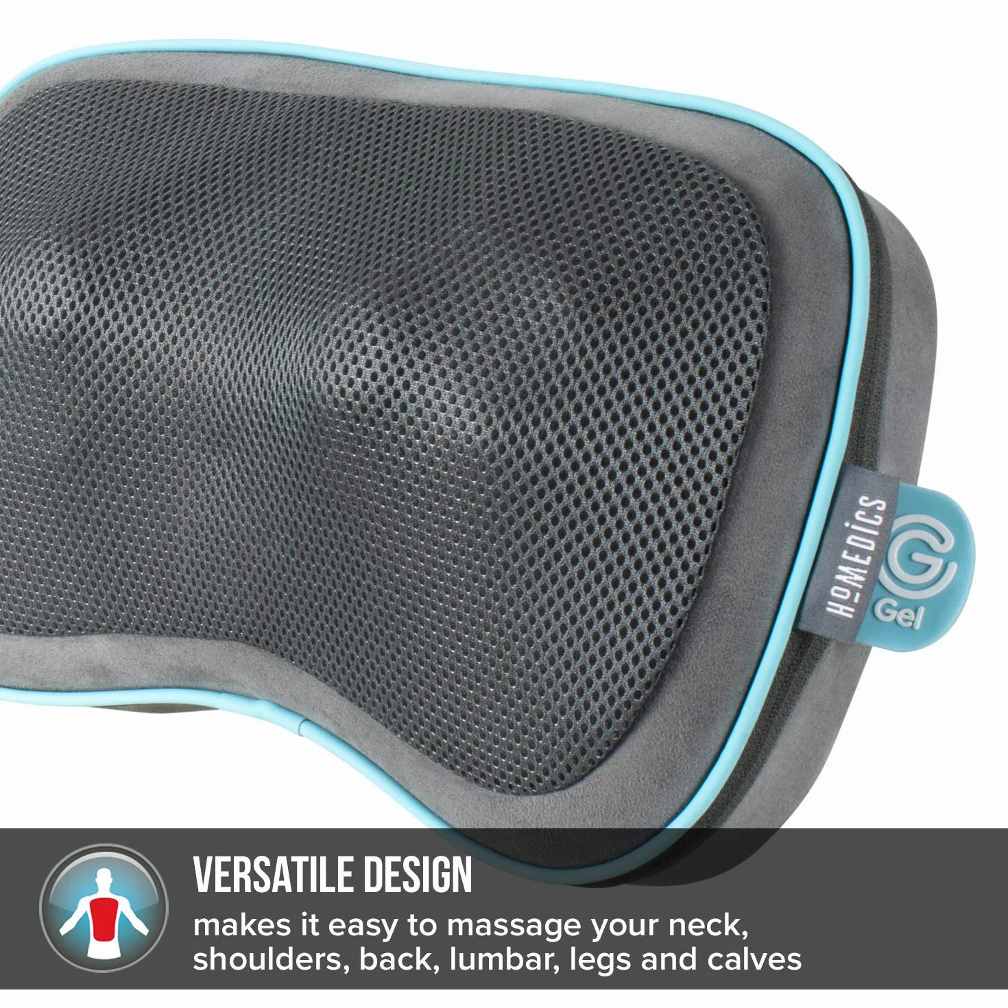 HoMedics Poduszka podróżna Gel Shiatsu, poduszka do masażu na nogi, lędźwiowego, ramion i szyi, do ładowania, rozmiar podróżny ze zintegrowanymi kontrolkami, w tym walizka, szara