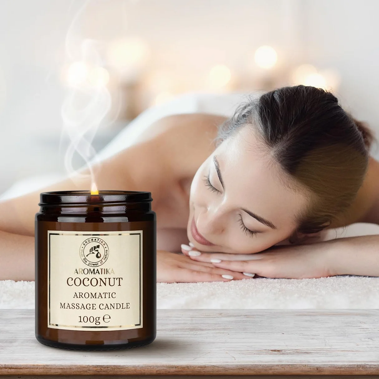 Świeca do masażu Coco 100 g - świeca sojowa - mieszanka olejków kokosowych i migdałowych i monoi z Tahiti - relaksujący masaż, uspokajający, aromatyczny