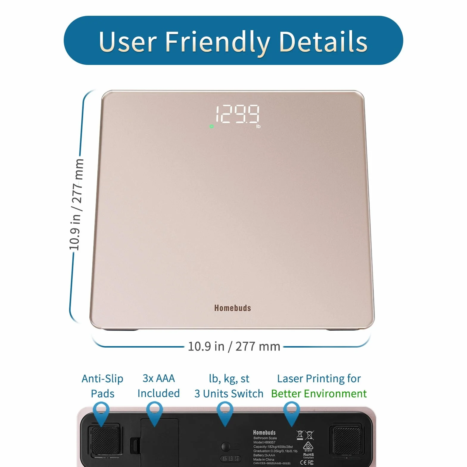 Homebuds Waga Cyfrowa 182kg 0,05kg Precyzja LED Różowa