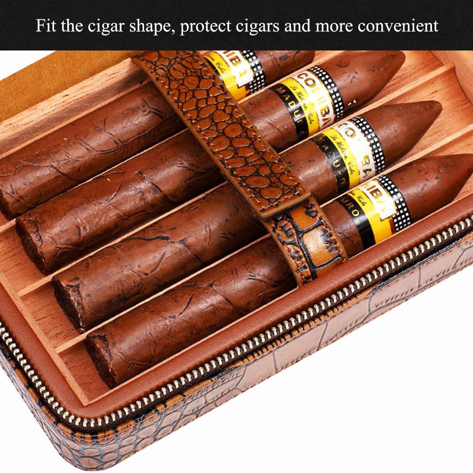 Cigar Humidor Box for 4 Cigars Cedar Wood Lined Leather Travel Case with Humidifier Brown