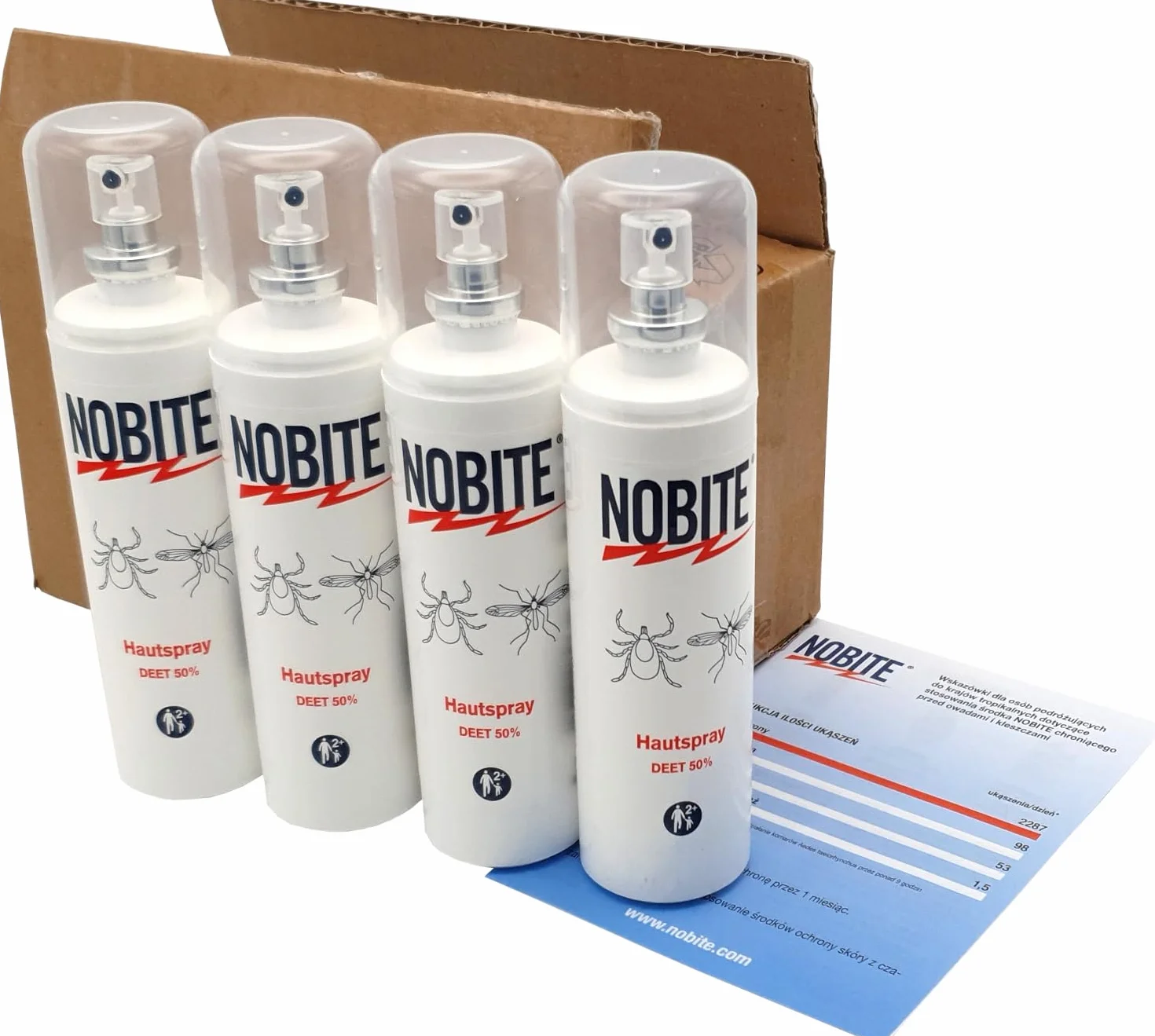 NOBITE Spray do Skóry 4x100ml – Silny Środek na Komary i Kleszcze, DEET 50%