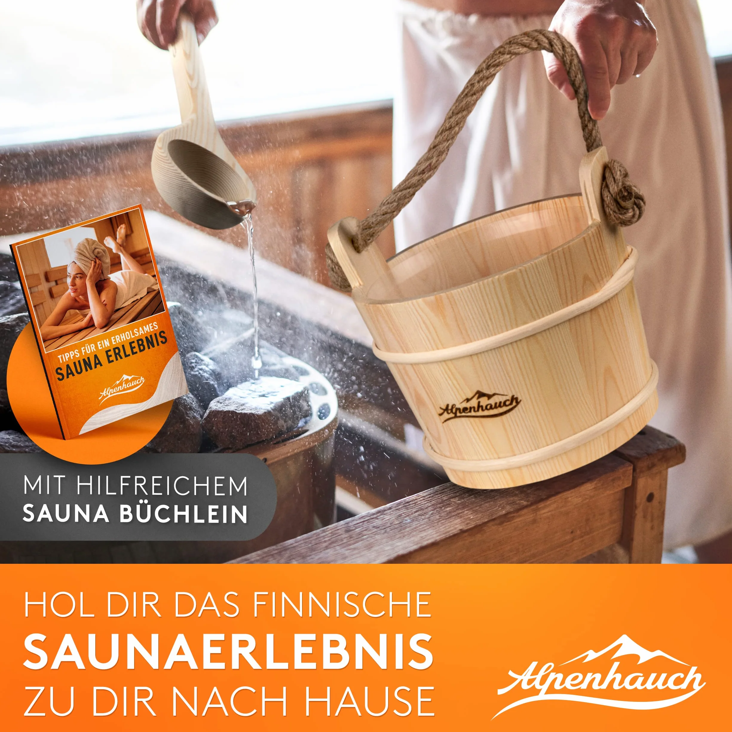 ALPENHAUCH Wiadro do sauny z chochlą [100% naturalne drewno] – elegancki zestaw do sauny z klepsydrą i termometrem / higrometrem – trwałe akcesoria do sauny – zestaw wiadra do infuzji wraz z
