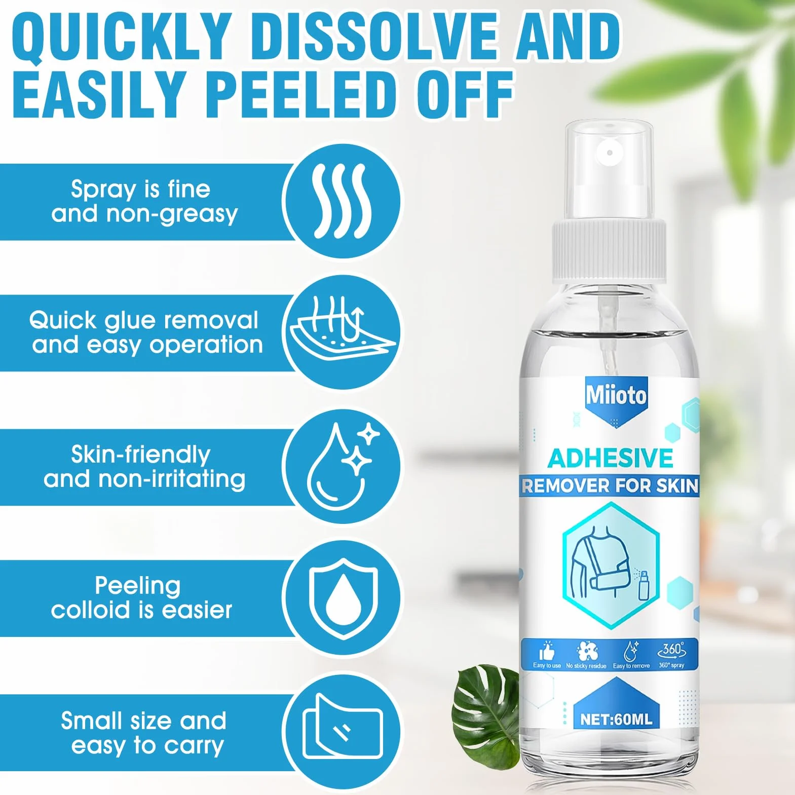 Miioto Plaster ze sprayem do usuwania plastrów medycznych, plastry do usuwania plastrów 60 ml + 12 x 12 cm, ręcznik, spray do usuwania plastrów szybko rozpuszcza się, można go łatwo usunąć