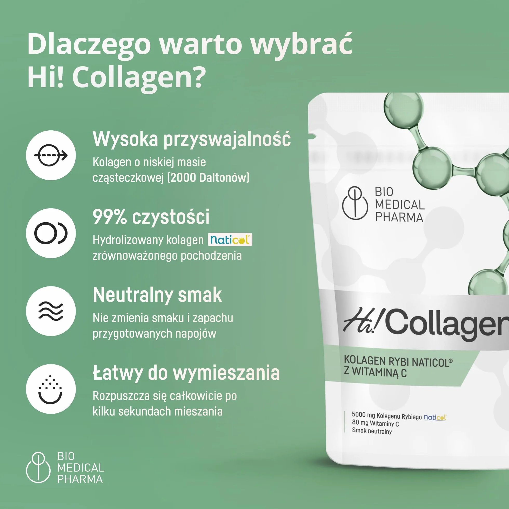 Kolagen morski hydrolizowany w proszku z witaminą C – Naticol 5000 mg, peptydy 2000 Dalton – Typ I i III – Czysty, bez smaku – Hi Collagen (30 porcji, 1 miesiąc)