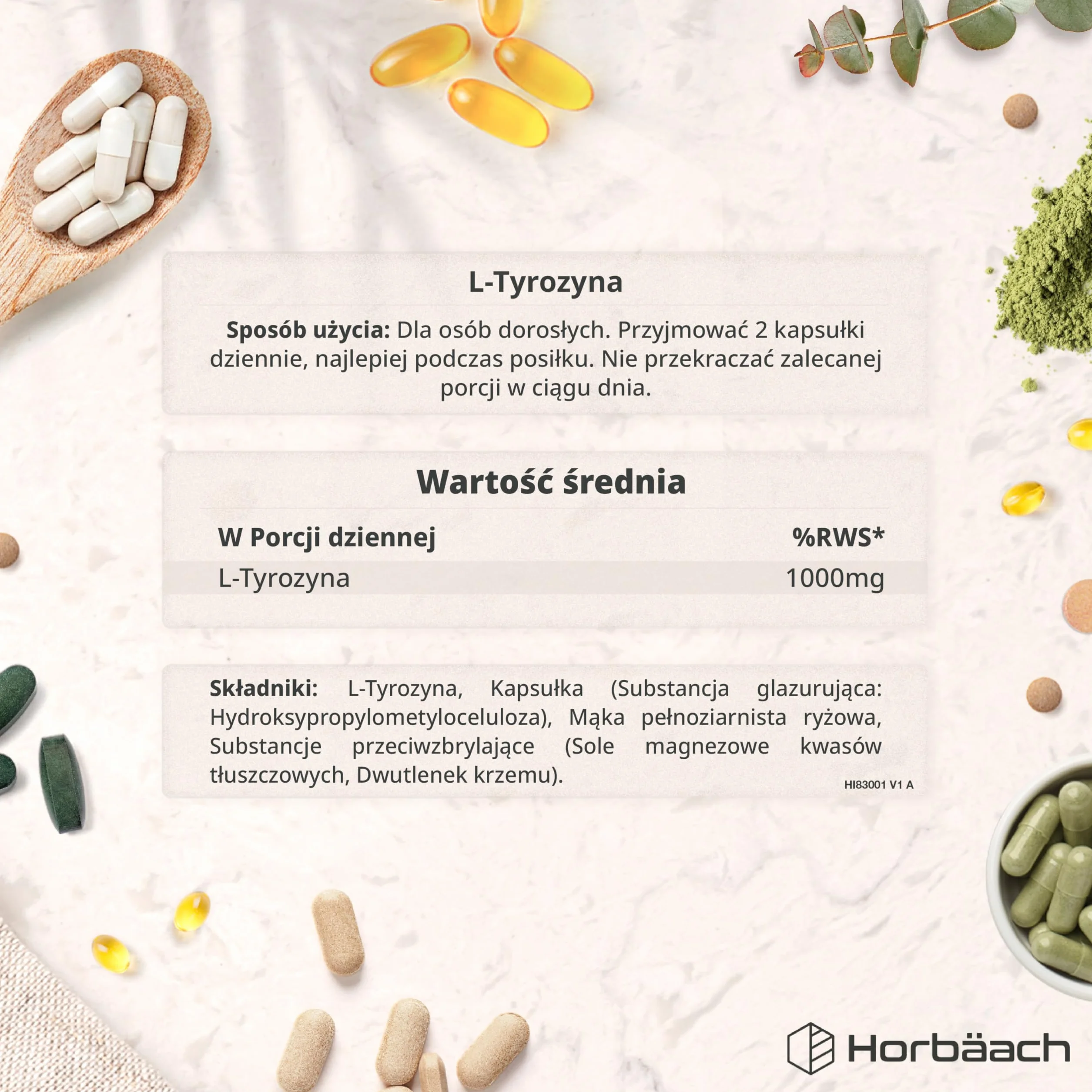 L-Tyrozyna 1000mg | 120 Kapsułek | 100% Wegański Suplement o Wysokiej Mocy | marki Horbaach