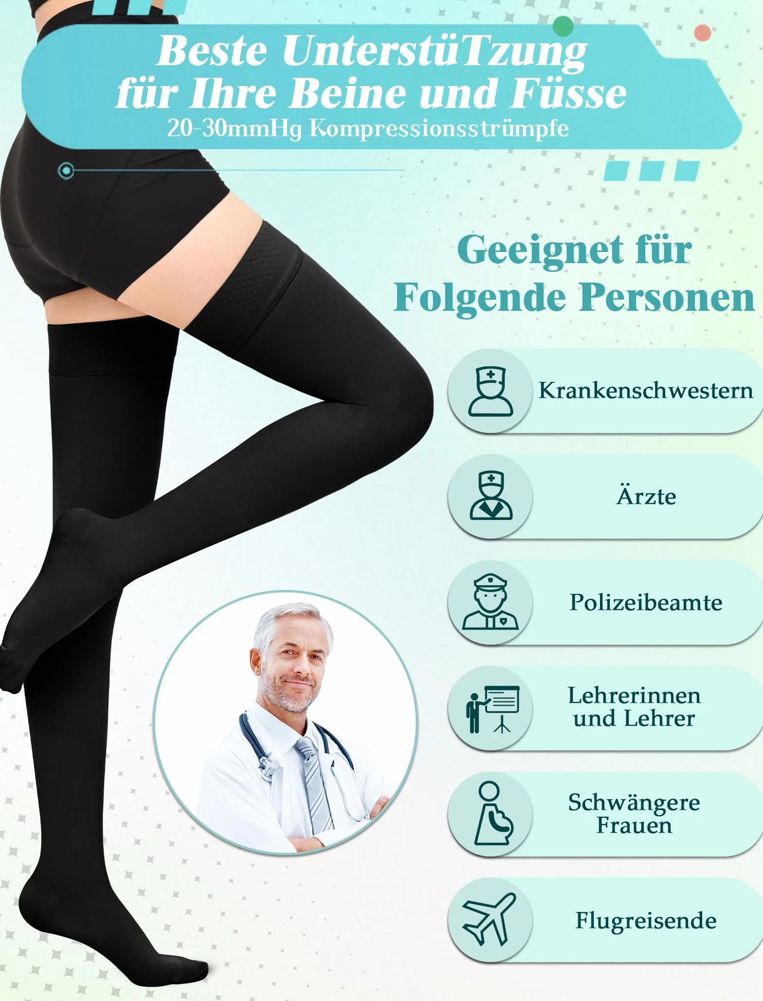 20-30 mmHg medyczne pończochy uciskowe dla kobiet i mężczyzn, klasa 2 uda, długie pończochy uciskowe, z taśmą silikonową, na żylaki, obrzęki, lot