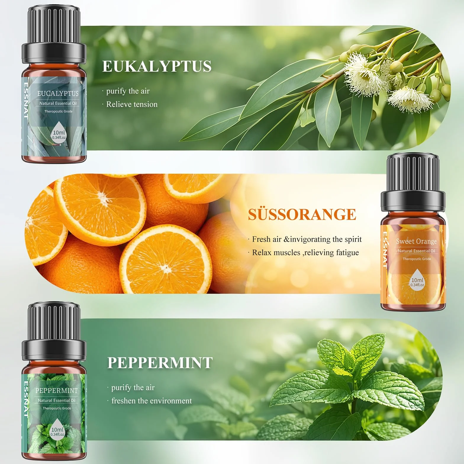 Olejki Eteryczne 6x10ml Zestaw do Dyfuzora, Naturalne Aromaterapia, Lawenda Eukaliptus Drzewo Herbaciane Mięta Pomarańcza Trawa Cytrynowa, Relaks Spa Dom Prezent