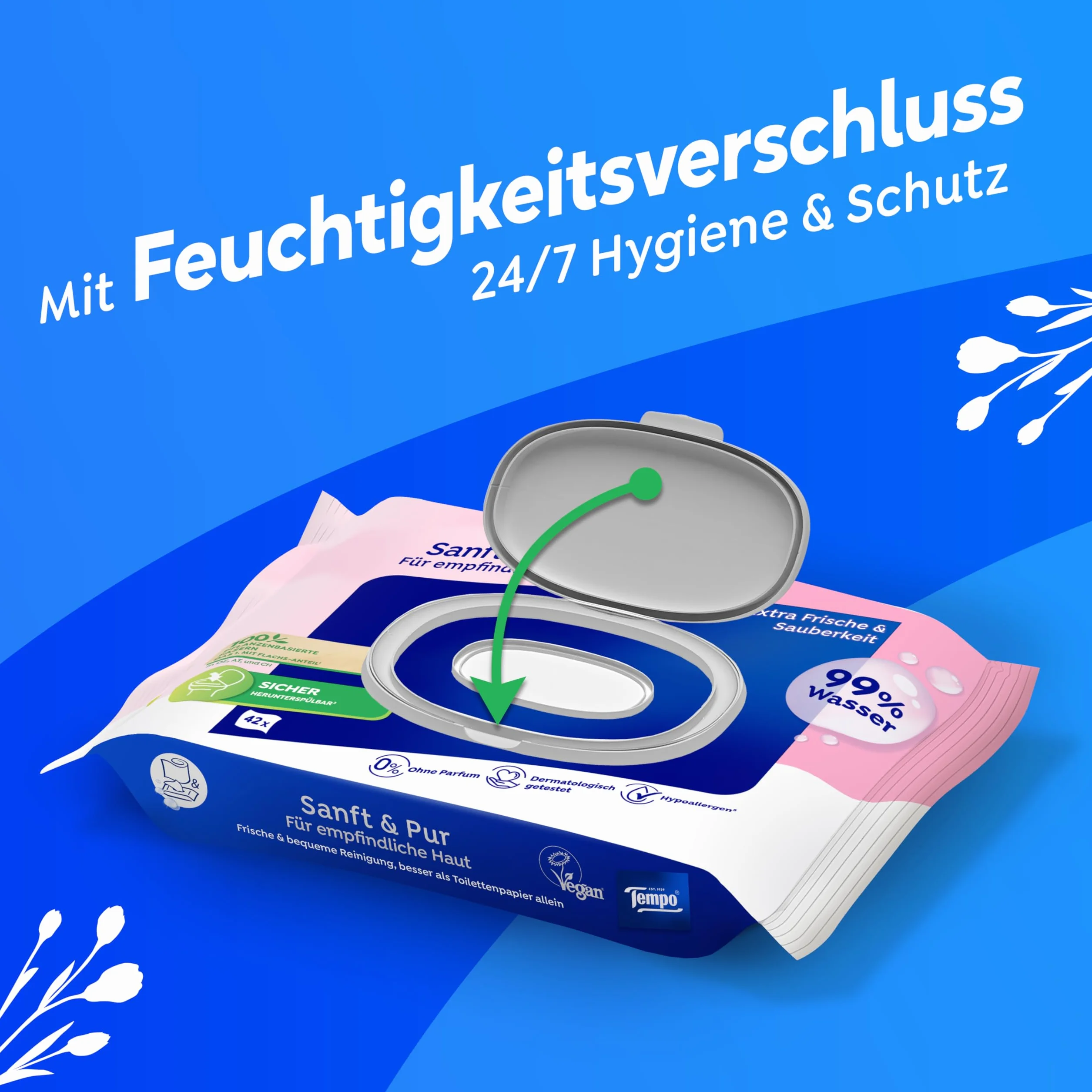 Tempo Wilgotne ściereczki toaletowe Soft & Pur Megapack 16 opakowań po 42 sztuki wilgotny papier toaletowy testowany dermatologicznie