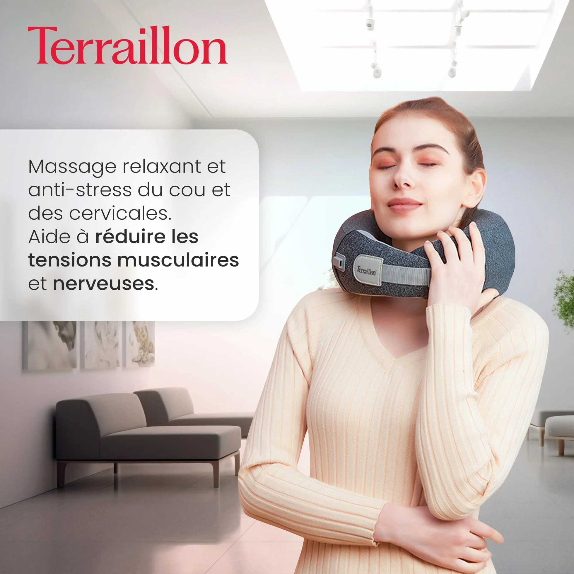 TERRAILLON - MASAŻER NECK, poduszka do masażu szyi i szyi, masaż Shiatsu, 3 prędkości masażu, 2 kierunki obrotów, opcja ogrzewania, regulowany pasek, USB-C