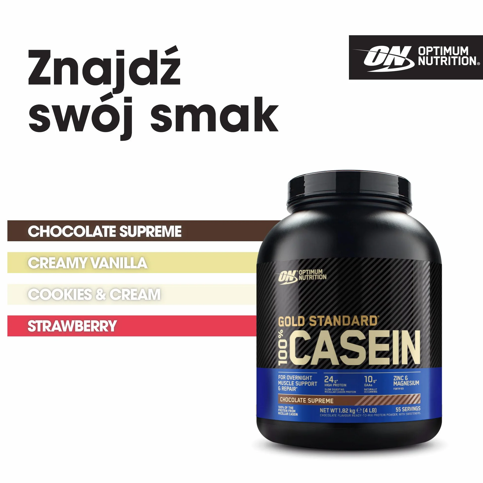 Optimum Nutrition Gold Standard 100% Casein Wolno przyswajalna odżywka na noc, smak Chocolate Supreme, 1,82 kg, 55 porcji