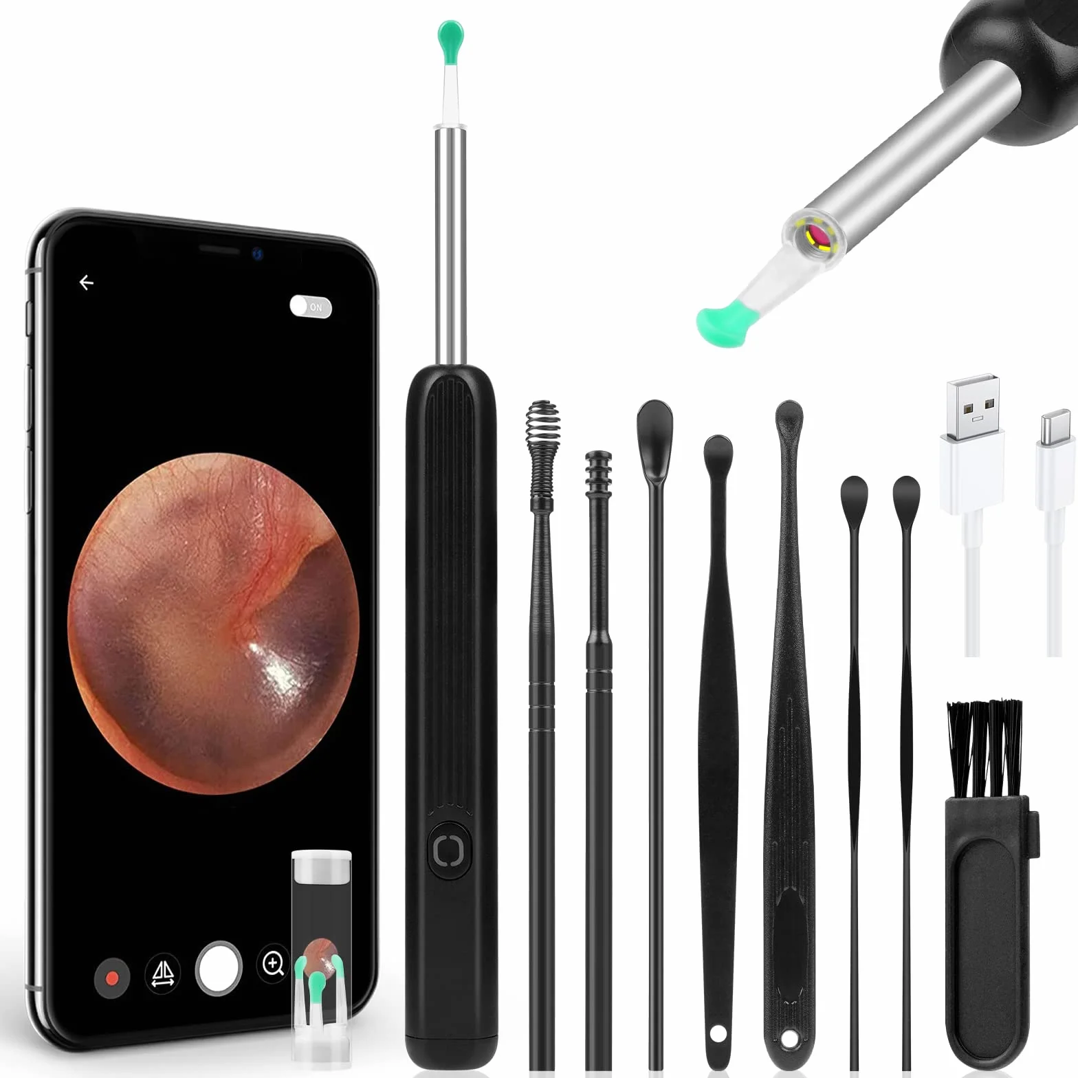 ACWOO Otoskop endoskop, Otoskop cyfrowy, endoskop do uszu, aparat uszy 1296P WIFI oczyszczacz uszu z 6 diodami LED, 4,5 mm HD endoskop ucha, zestaw do czyszczenia uszu dla iOS i Androida (czarny)