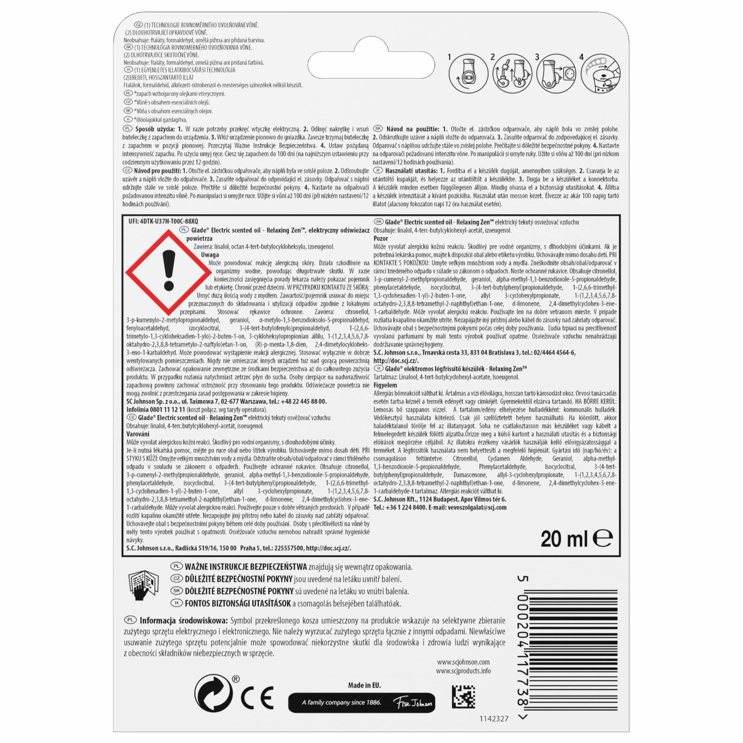 Glade Elektryczny Odświeżacz Powietrza, Scented Oil Relaxing Zen, 20 ml