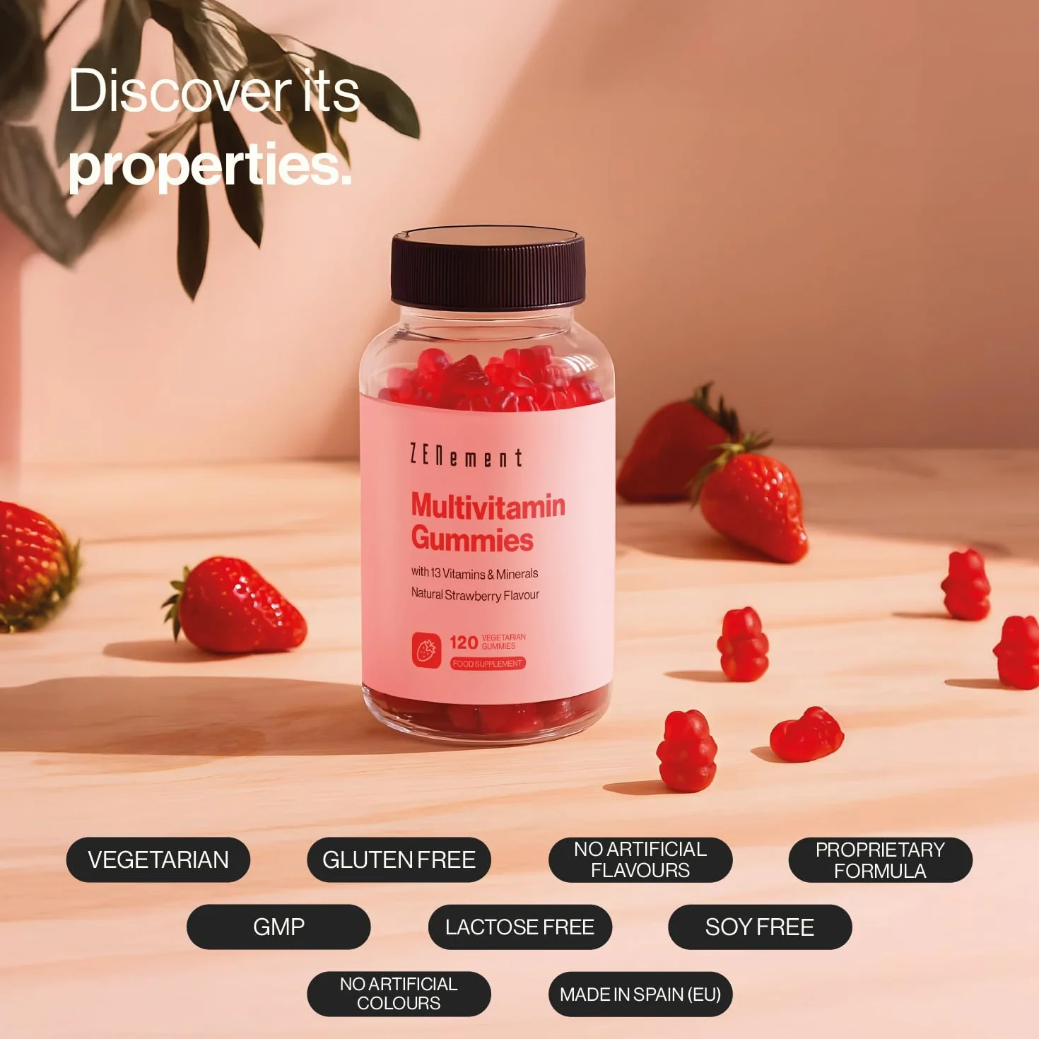Żelki Multiwitaminowe, z 13 witaminami i minerałami, 120 Gummies Wegetariańskie | Naturalny Aromat Truskawkowy | z 13 witaminami i minerałami | Bez żelatyny, wegetariański, Bez Glutenu | Zenement