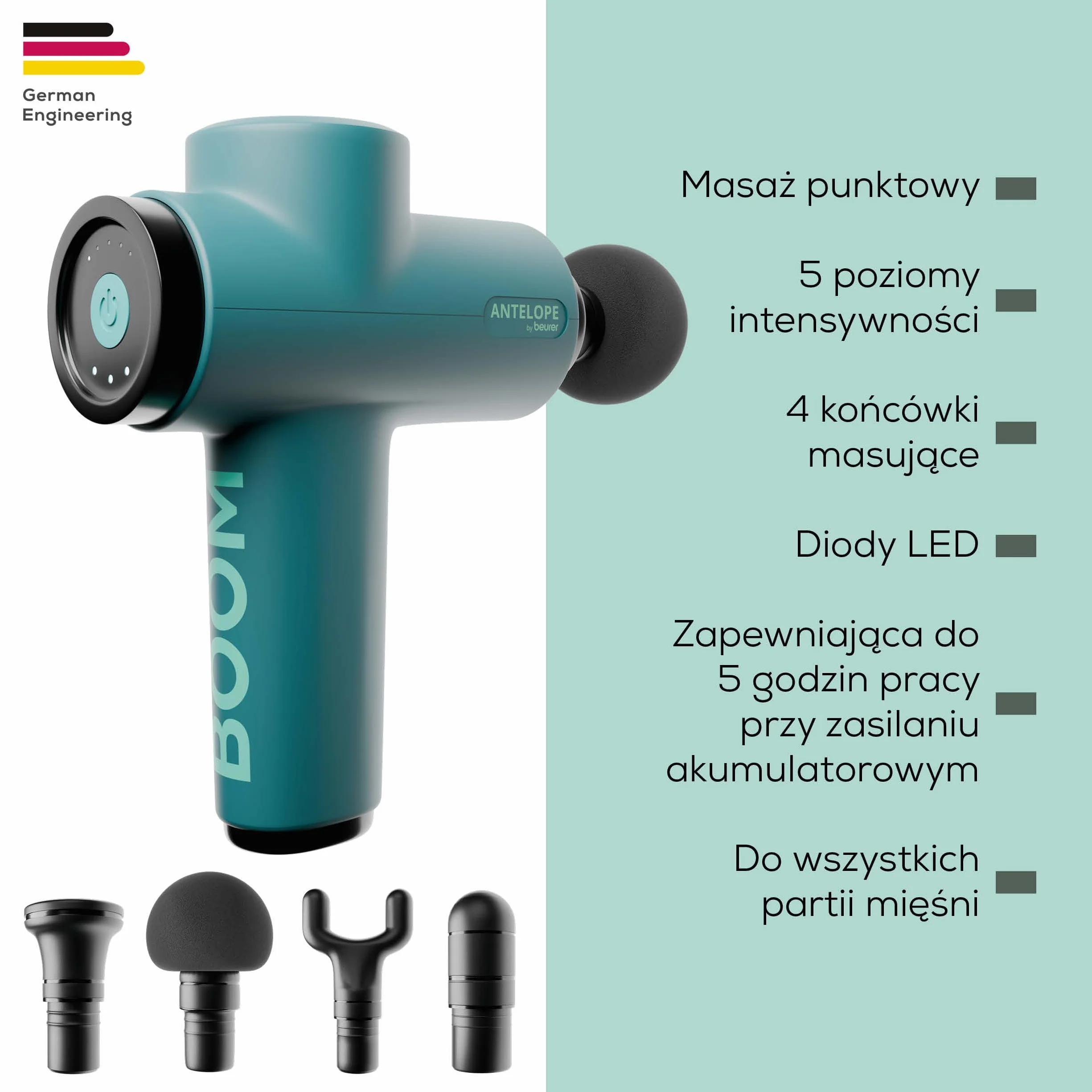 Beurer Pistolet do Masażu AMG 98 BOOM, Kompaktowy z 4 Nasadkami, 5 Poziomami Intensywności, Akumulator