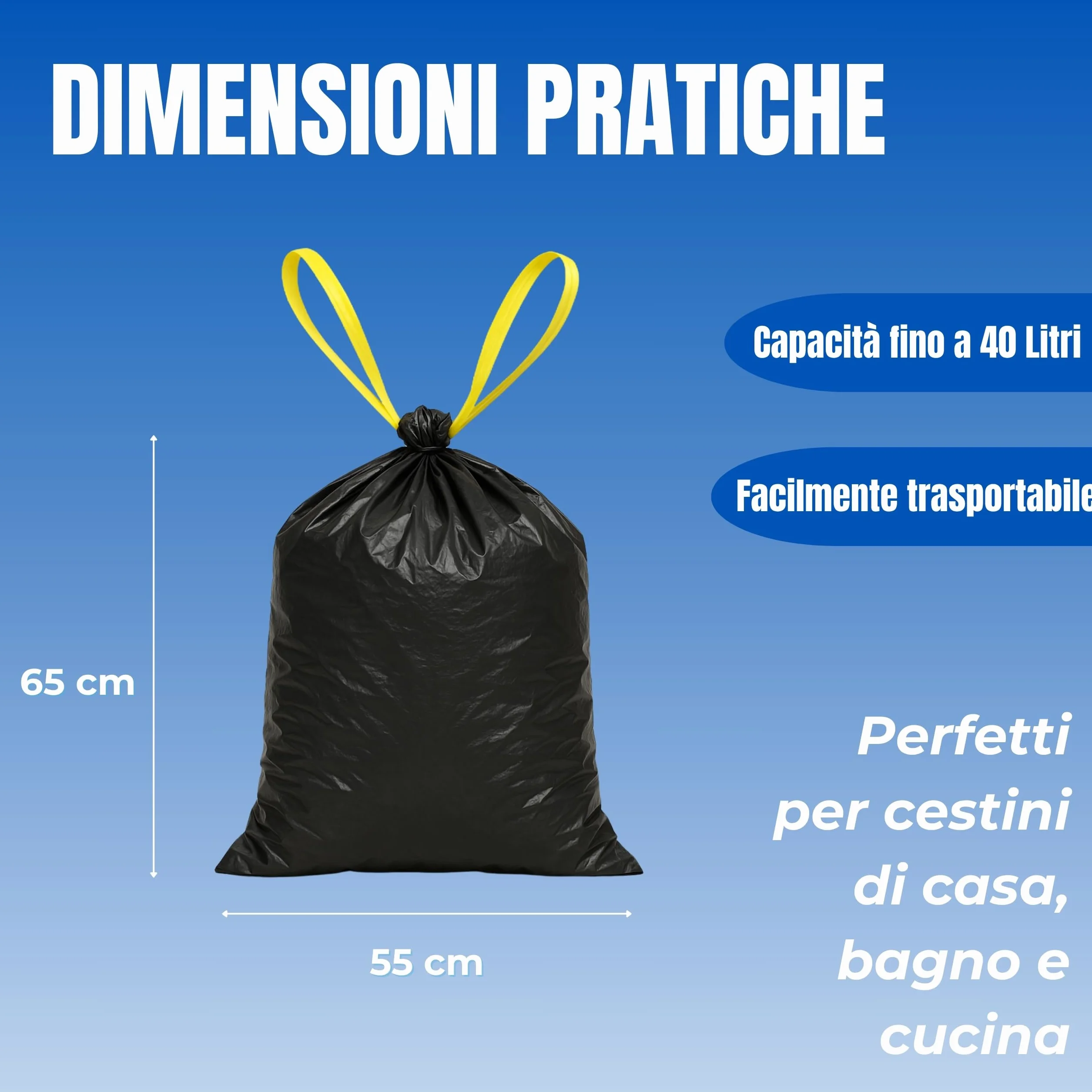 Bottari 60 worków na śmieci 40 l 55 x 65 cm z uchwytami zamykającymi, czarny, trwałe i recyklingowe worki na śmieci, 4 x 15 szt