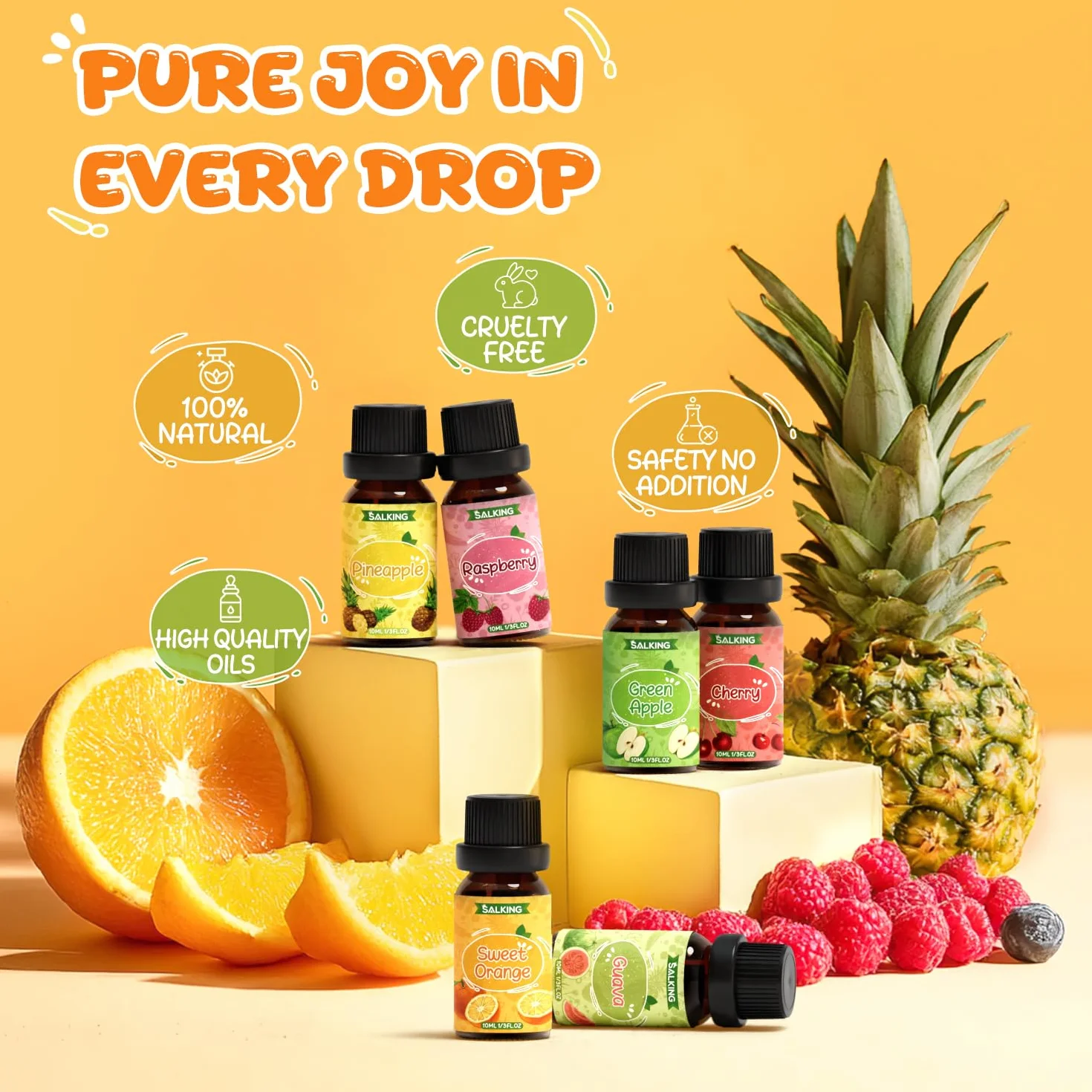 SALKING Zestaw olejków eterycznych z owoców, 6 x 10 ml, 100% aromaterapii, zestaw prezentowy do dyfuzora, nawilżacza powietrza, masażu, wiśni, ananasa, malin, słodkiej pomarańczy, guawy, zielonego