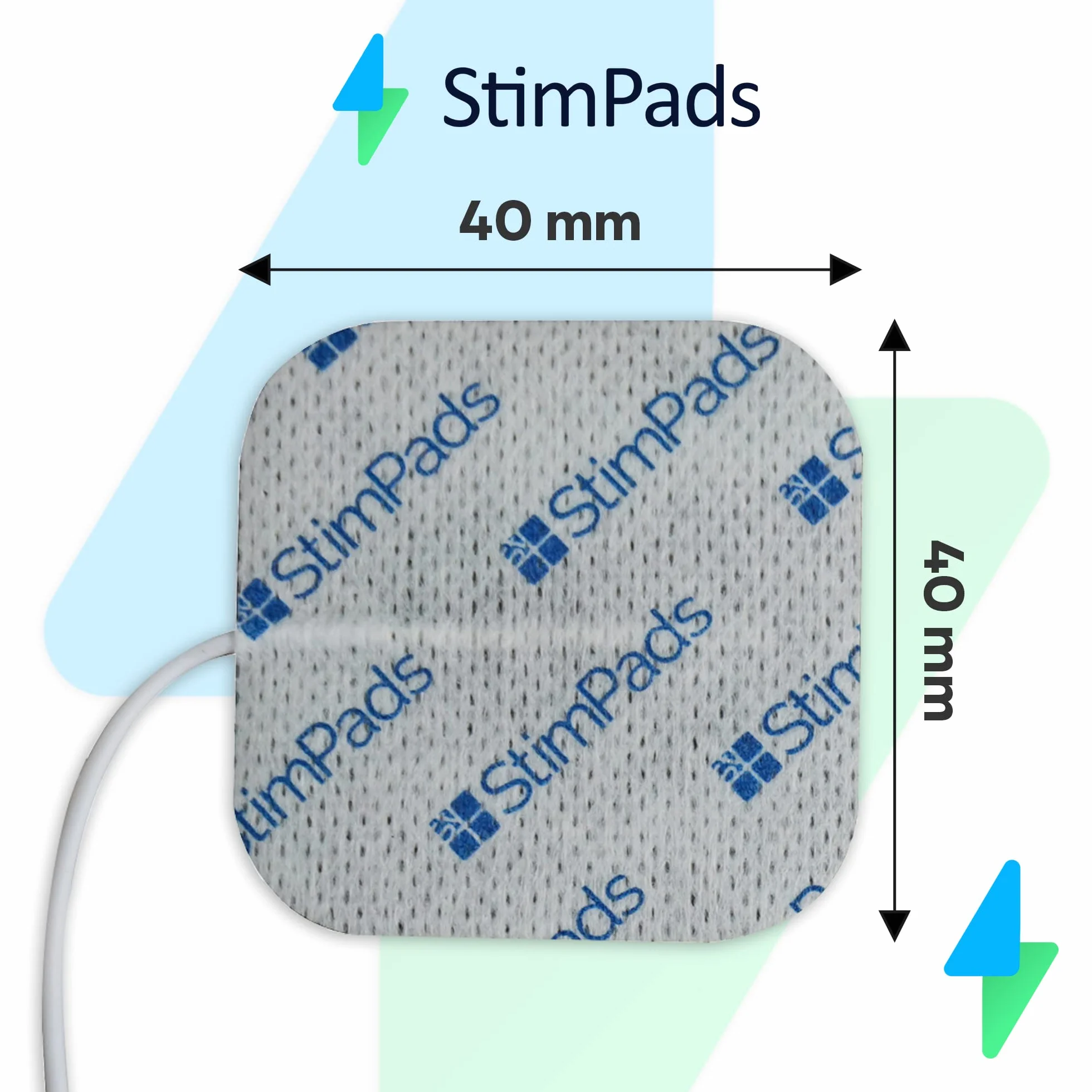 Elektrody StimPads • 12 sztuk 40X40mm ze złączem pinowym 2 mm • Doskonała przyczepność i przewodność • Elektrody klejące TENS i EMS wielokrotnego użytku i długotrwałe • Certyfikowane urządzenie