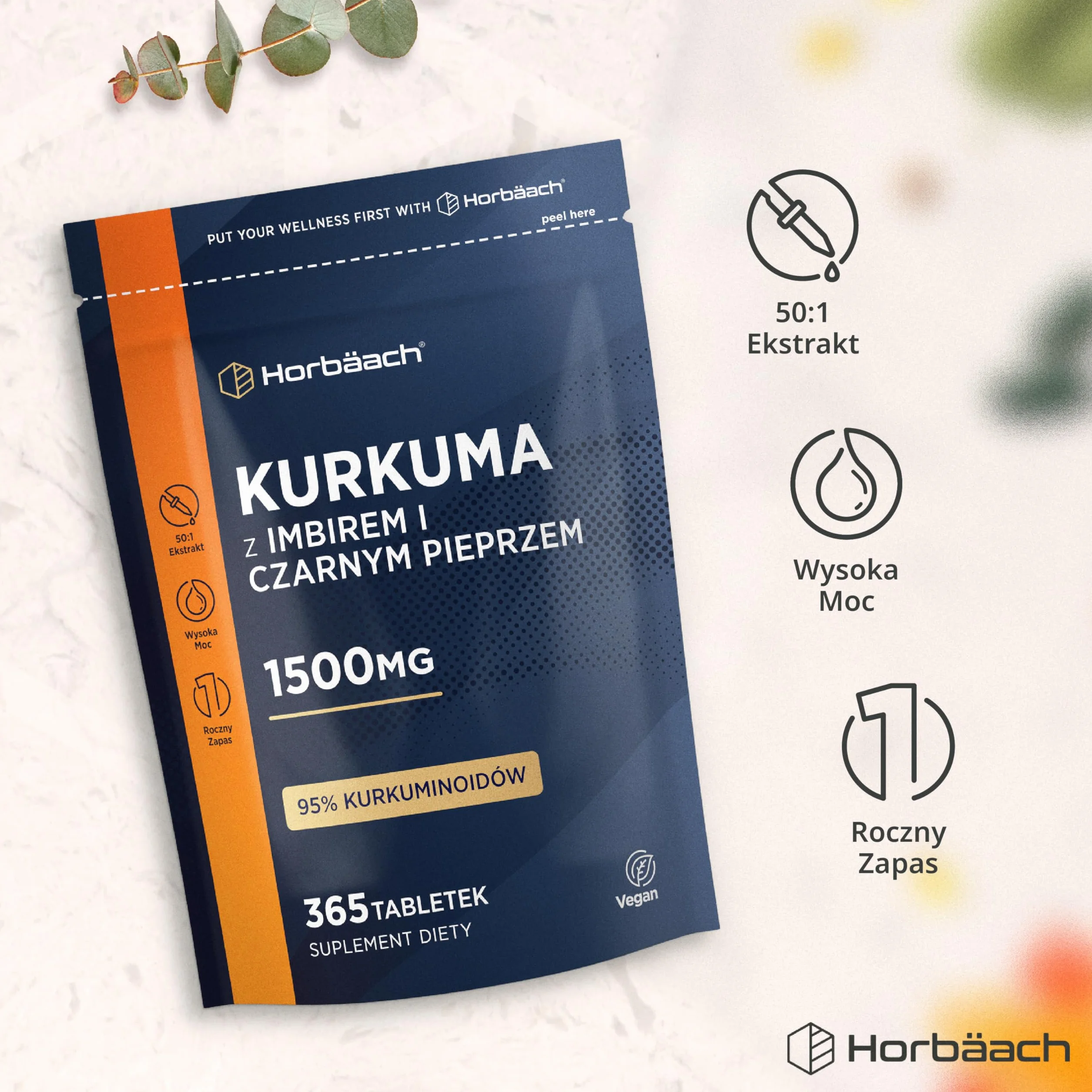 Kurkuma Tabletki 1500mg z Czarnym Pieprzem i Imbirem | 95% Kurkuminoidów | Roczny zapas | Wysoka zawartość aktywnego ekstraktu kurkuminy | 365 Wegańskich Tabletek | marki Horbaach