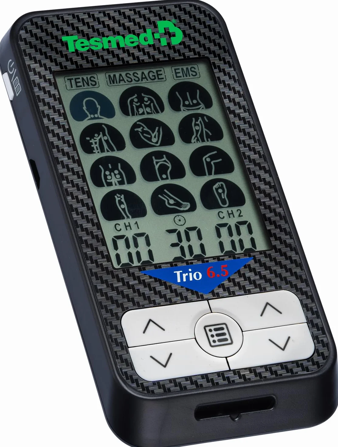 TESMED Elektrostymulator Trio 6.5 z akumulatorem TENS Masaż 36 programów 40 poziomów 4 elektrody