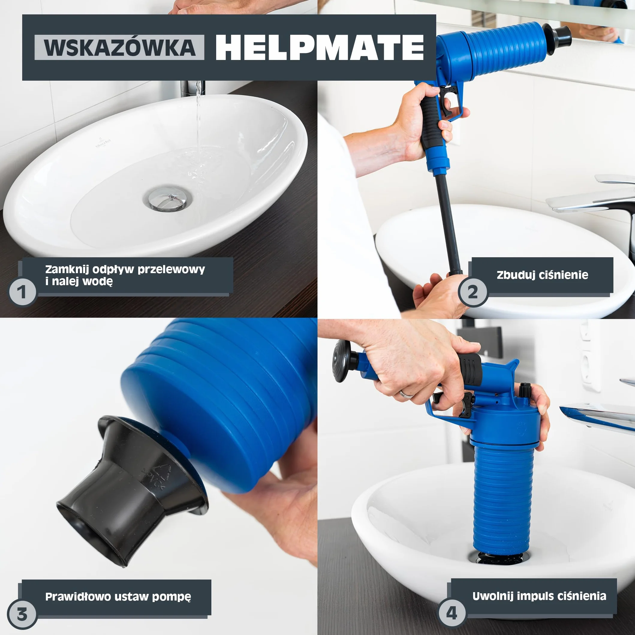 HELPMATE Pompa do czyszczenia rur – wysokociśnieniowy środek do czyszczenia odpływów do łazienki, kuchni i WC – skuteczne usuwanie zatorów – profesjonalna pompa do czyszczenia rur
