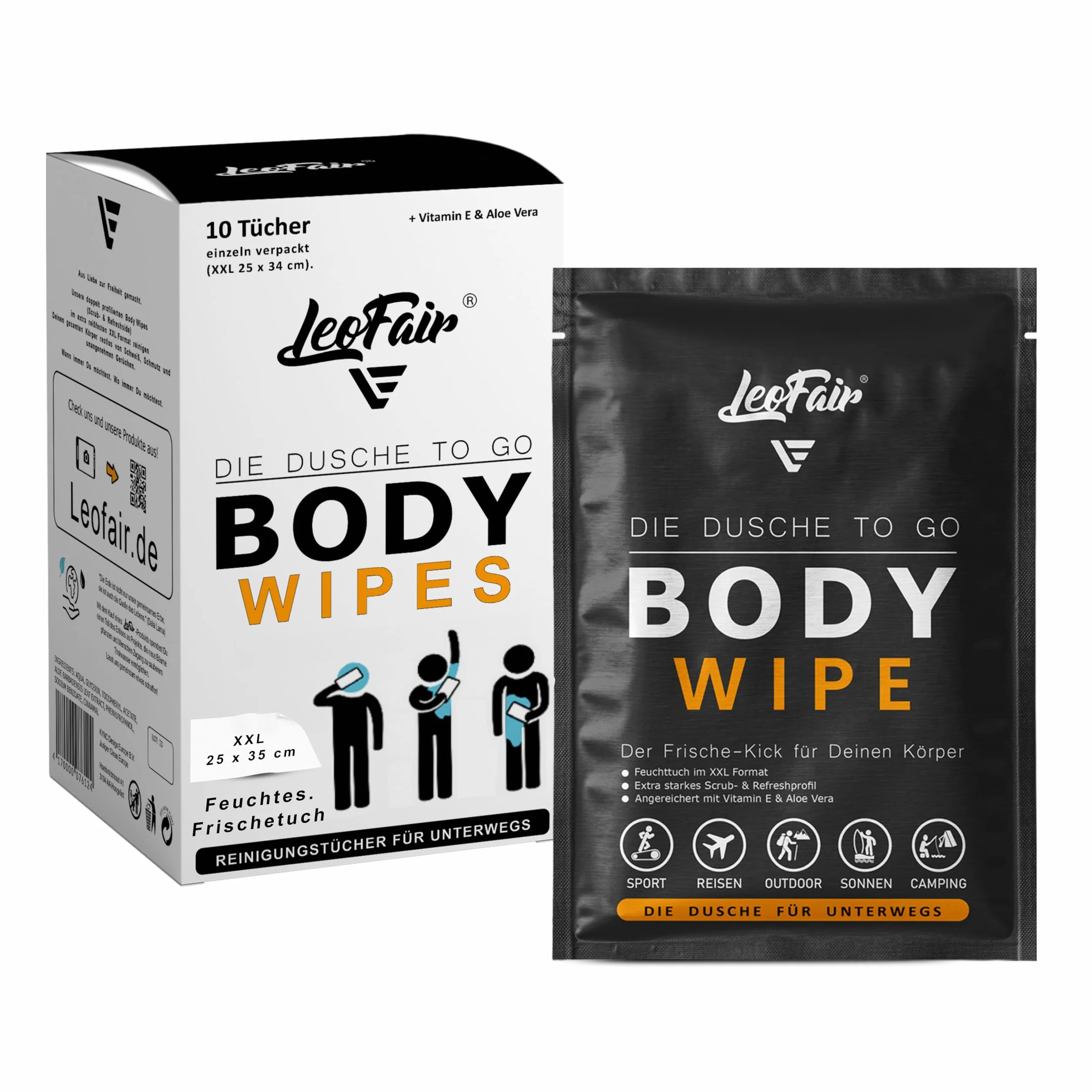 Body Wipes jednorazowe ściereczki XXL – wilgotne ściereczki do mycia w podróży, na kemping, festiwal i w podróży – 10 dużych chusteczek nawilżanych pakowanych pojedynczo do twarzy i ciała