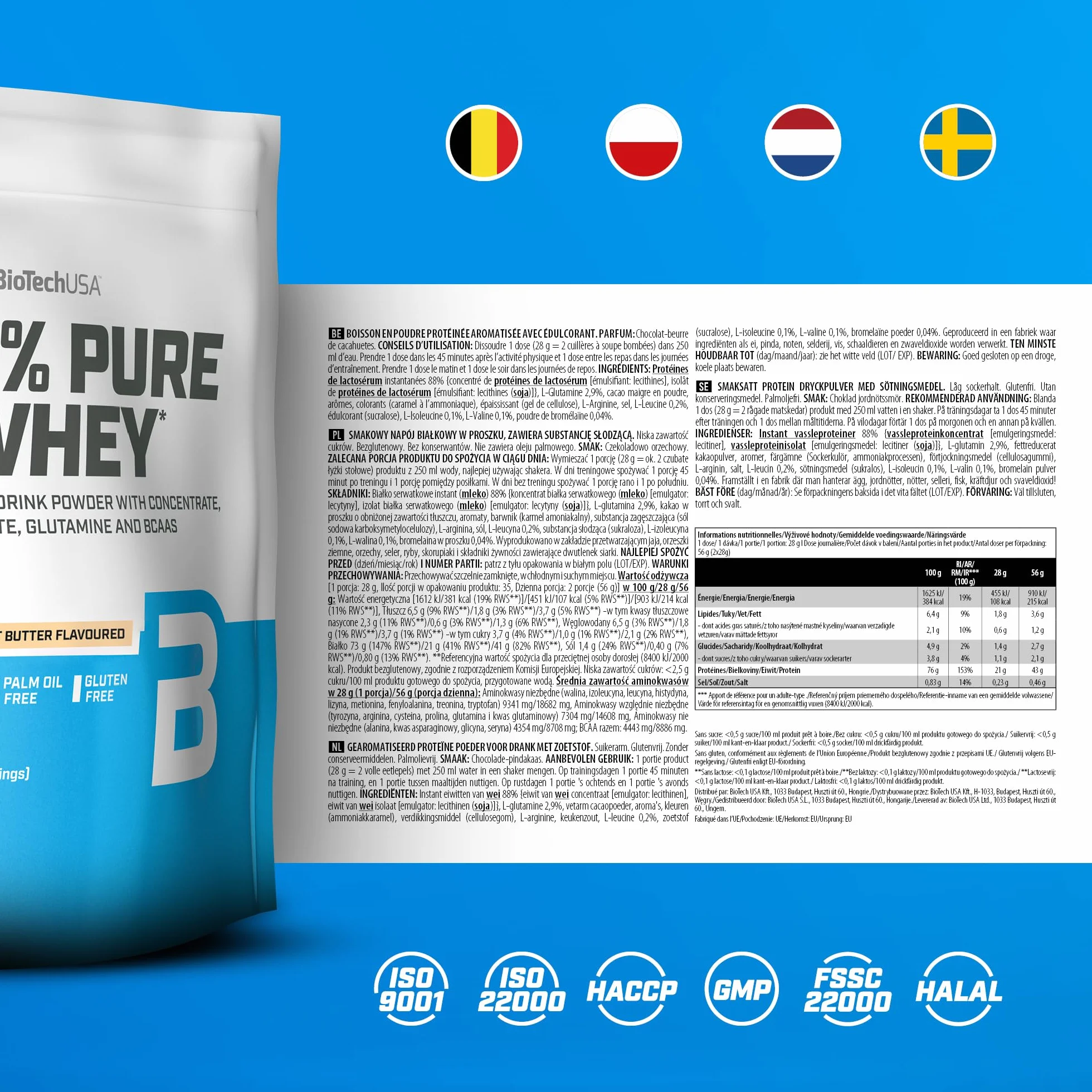 BioTechUSA 100% Pure Whey | Białko w proszku z BCAA i glutaminą | Bezglutenowe, bez oleju palmowego | 21g białka w porcji, 1 kg, Czekoladowe Masło Orzechowe