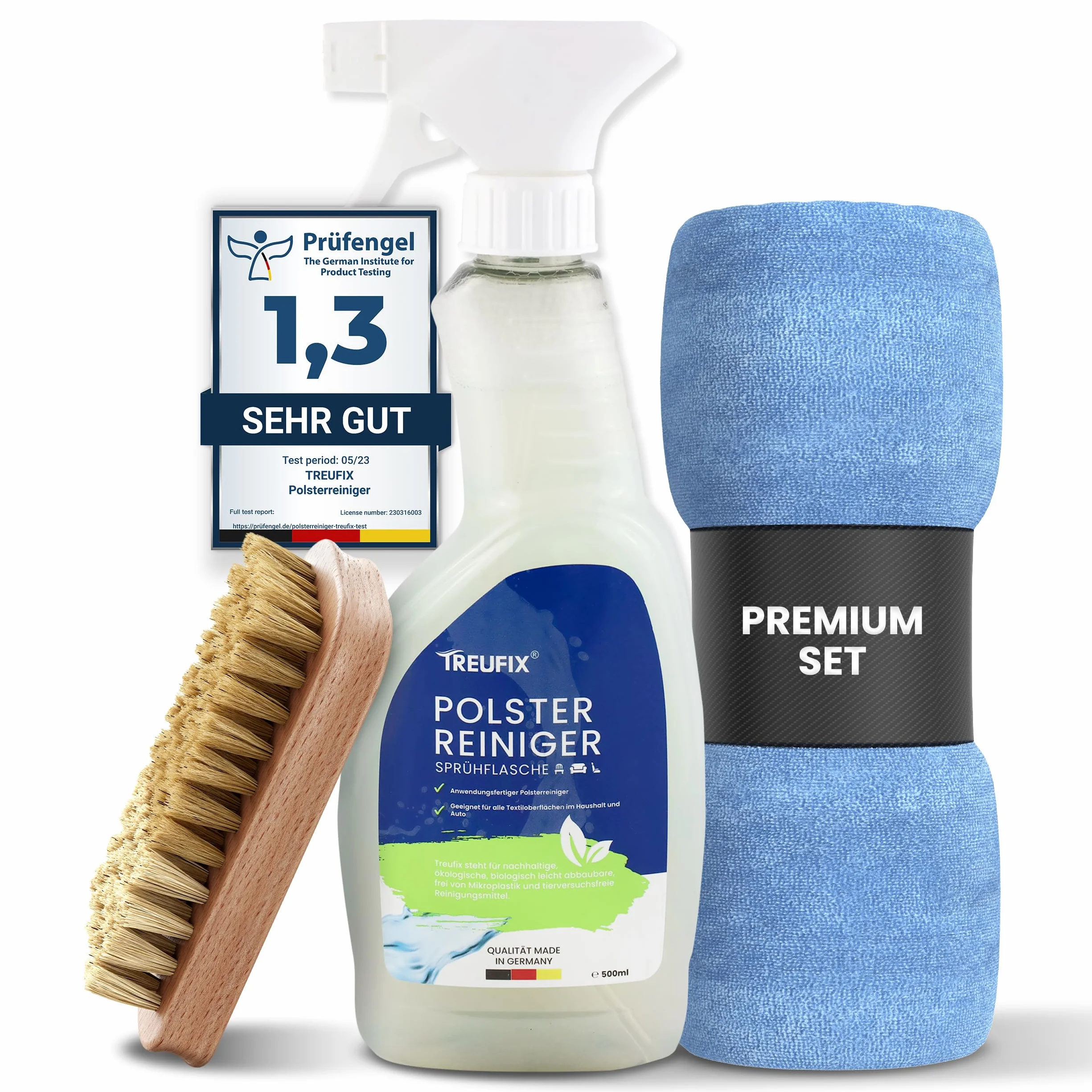Treufix Środek do czyszczenia tapicerki i dywanów zestaw ze szczotką i ściereczką z mikrofibry